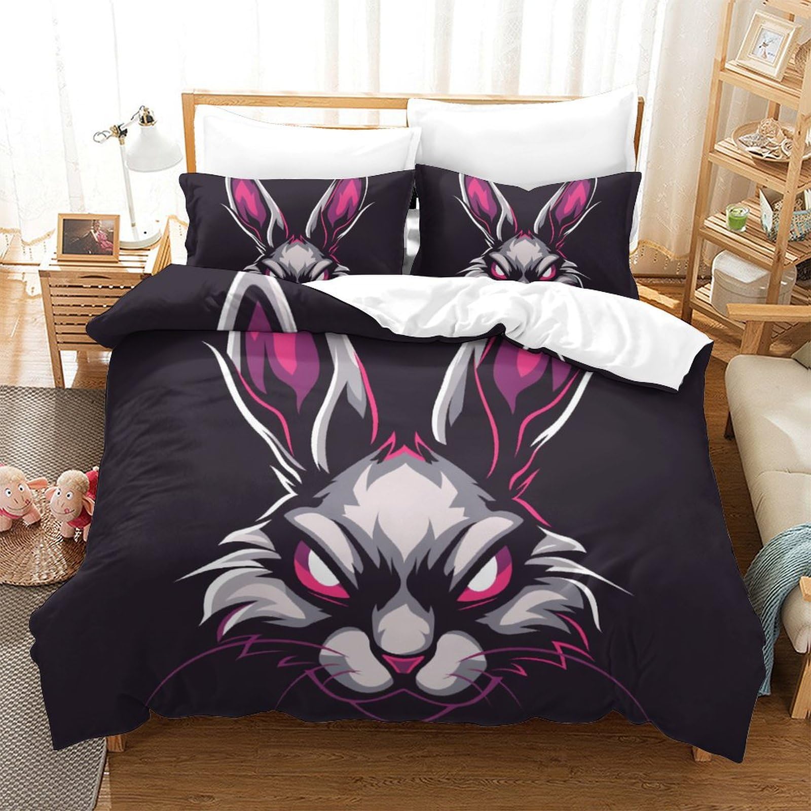 Parure de lit 260x220 microfibre avec housse de couette lapin 3D et taies d'oreiller zippées