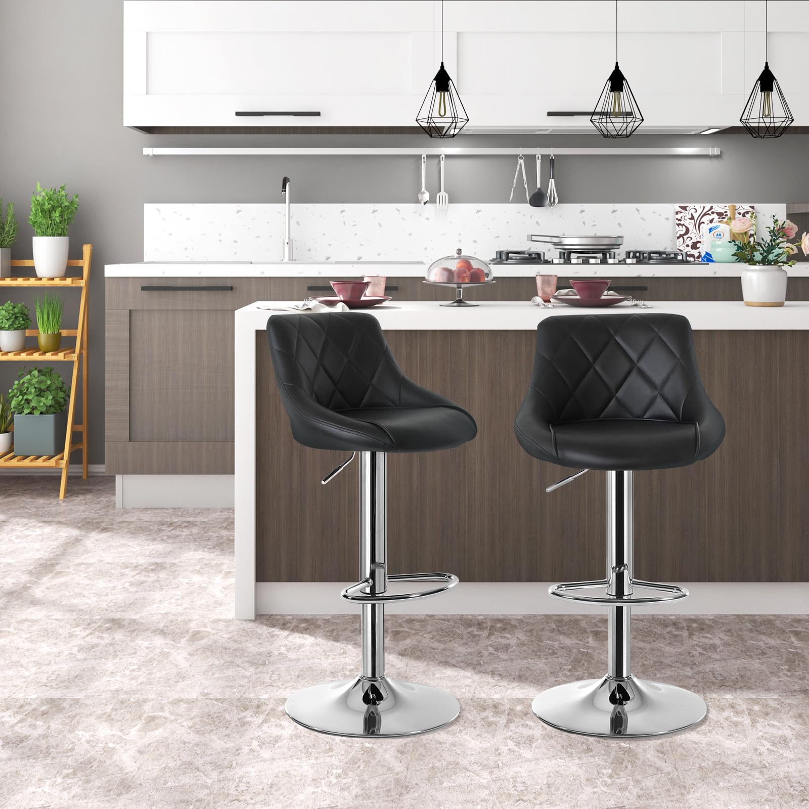 WOLTU Juego de 2 Taburete de Bar con Respaldo, Taburete Alto Cocina Acero Cromado, Asiento Bien Acolchado, Negro