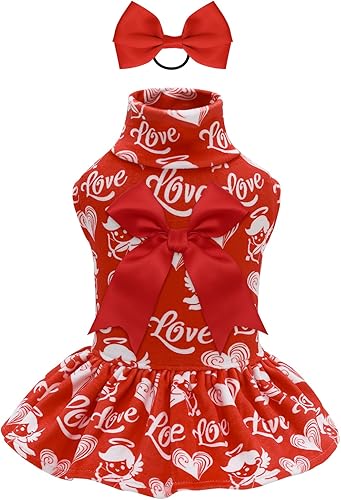 Miniatura 9 de CuteBone - Vestido de cuello alto de terciopelo para perro, falda para cachorro, disfraz de mascota, ropa para gato con lazo para el cabello