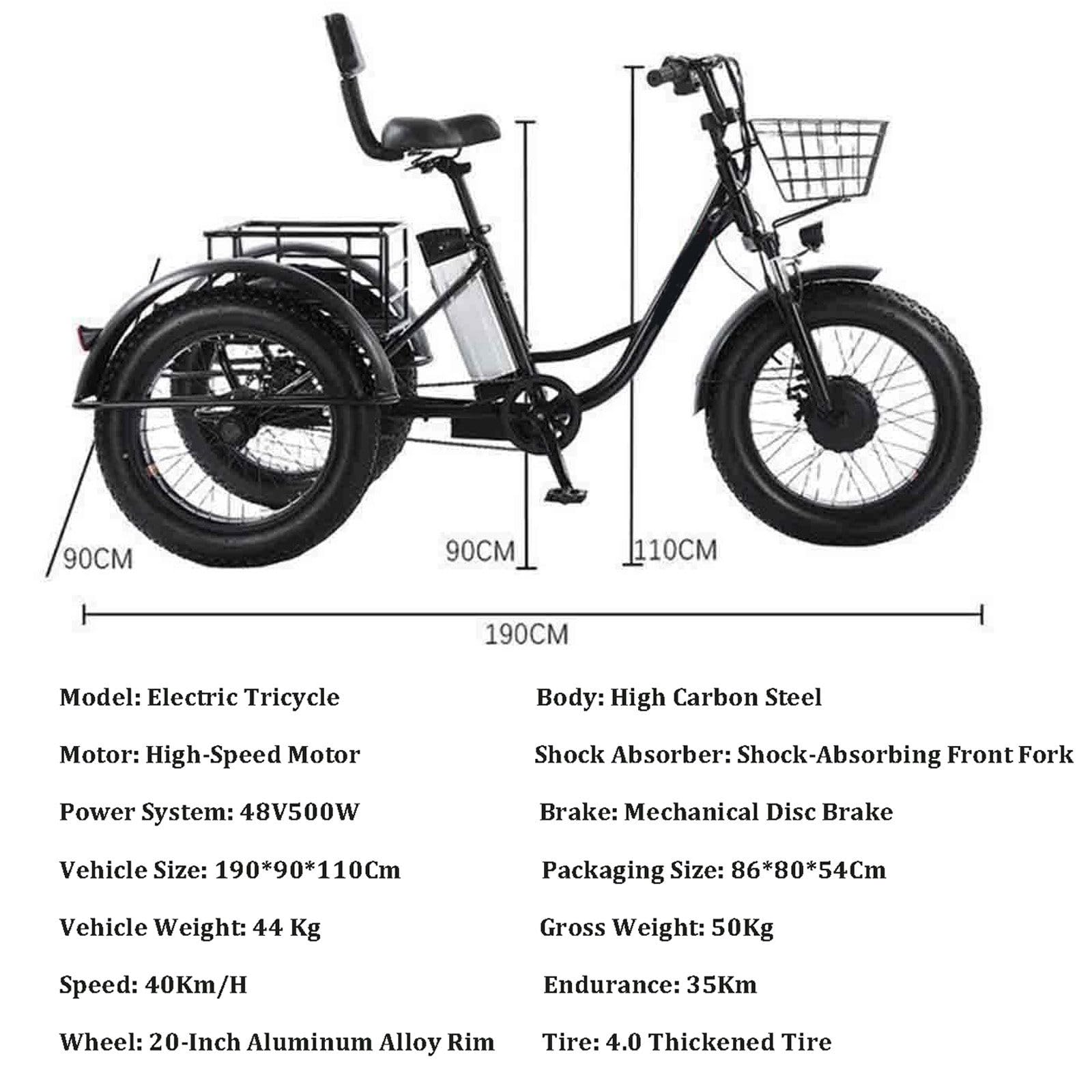 Tricycle électrique Pour Adultes - Charge 200 Kg, Vélo Cargo électrique à Pneus Larges De 20'' , Batterie Amovible 48 V/12 Ah - Autonomie 35 Km, Pour Les Trajets Domicile-Travail Et Les Voyages