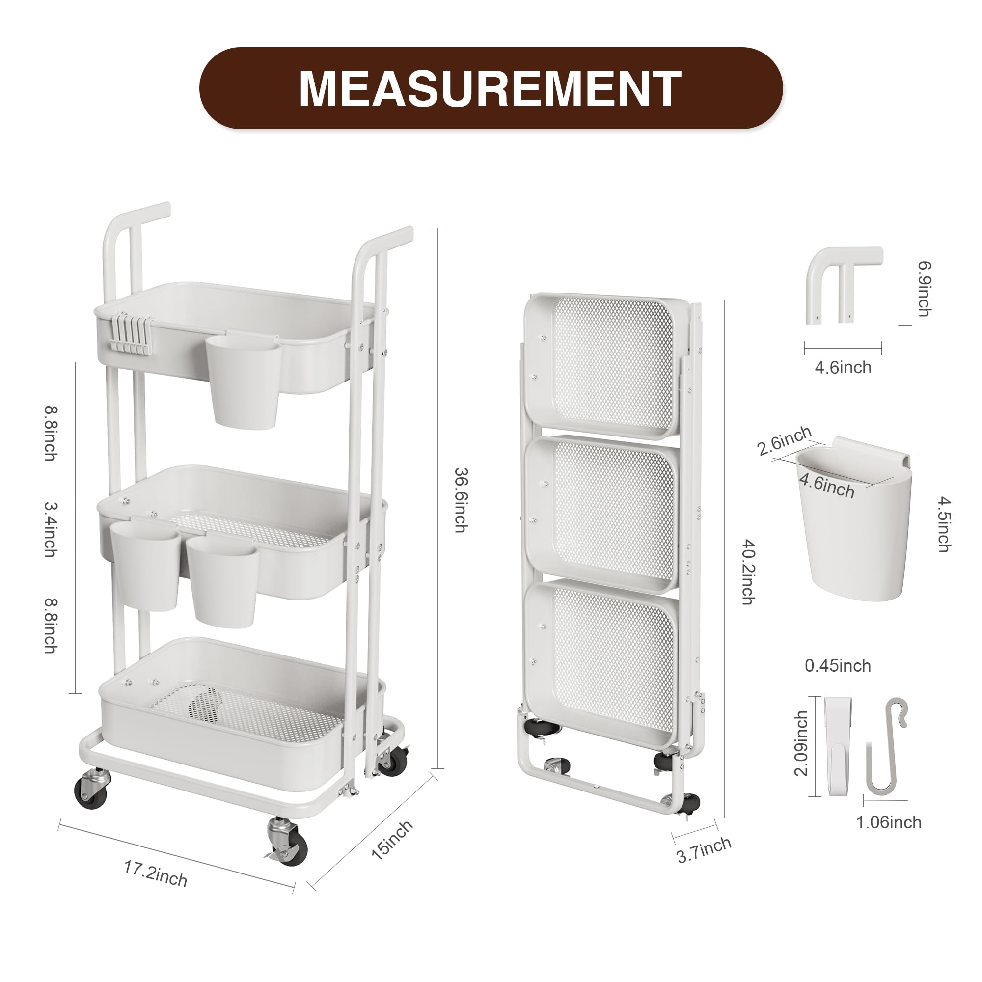 Merapi 3 Tier Rolling Cart, Metal Foldable Utility Cart with Wheels, Hanging Cups and Hooks, Folding Storage Cart for Living Room, Kitchen, Bathroom, Bedroom, White