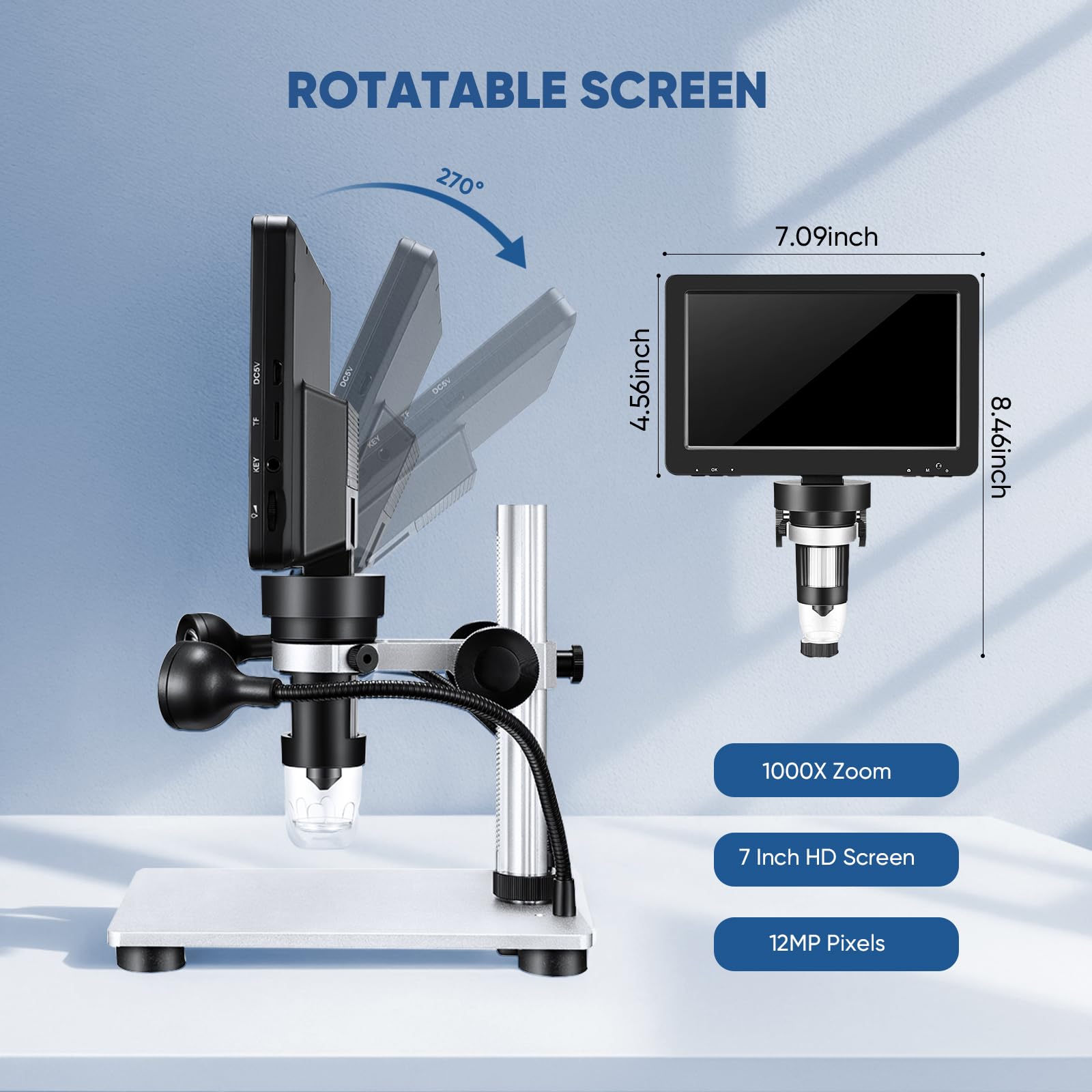 Microscopio Digitale 7" 1200x 12MP con Schermo Ruotabile HD/ 8 Luci LED/12 Lingue/10 cm Distanza Lavoro/Controller Filo Microscopio Usb per Riparazione Elettronica