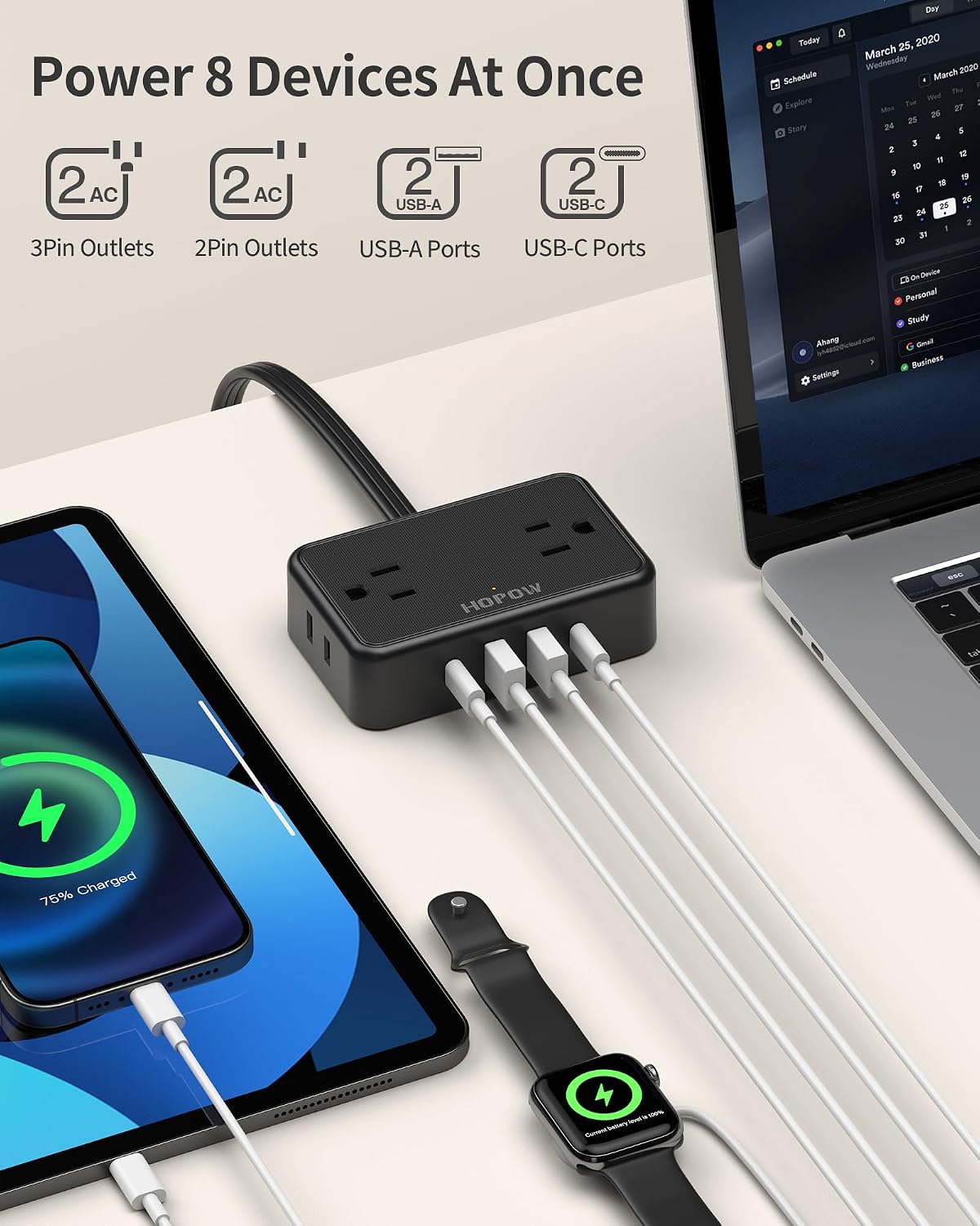 HOPOW Flat Plug Extension Cord, 6 Ft Ultra Thin Power Strip, 4 AC Wide Spaced outlets and 4 USB (2 USB-C) Ports, No Surge Protector for Cruise Ship, Travel, Dorm Room Essentials (Black)