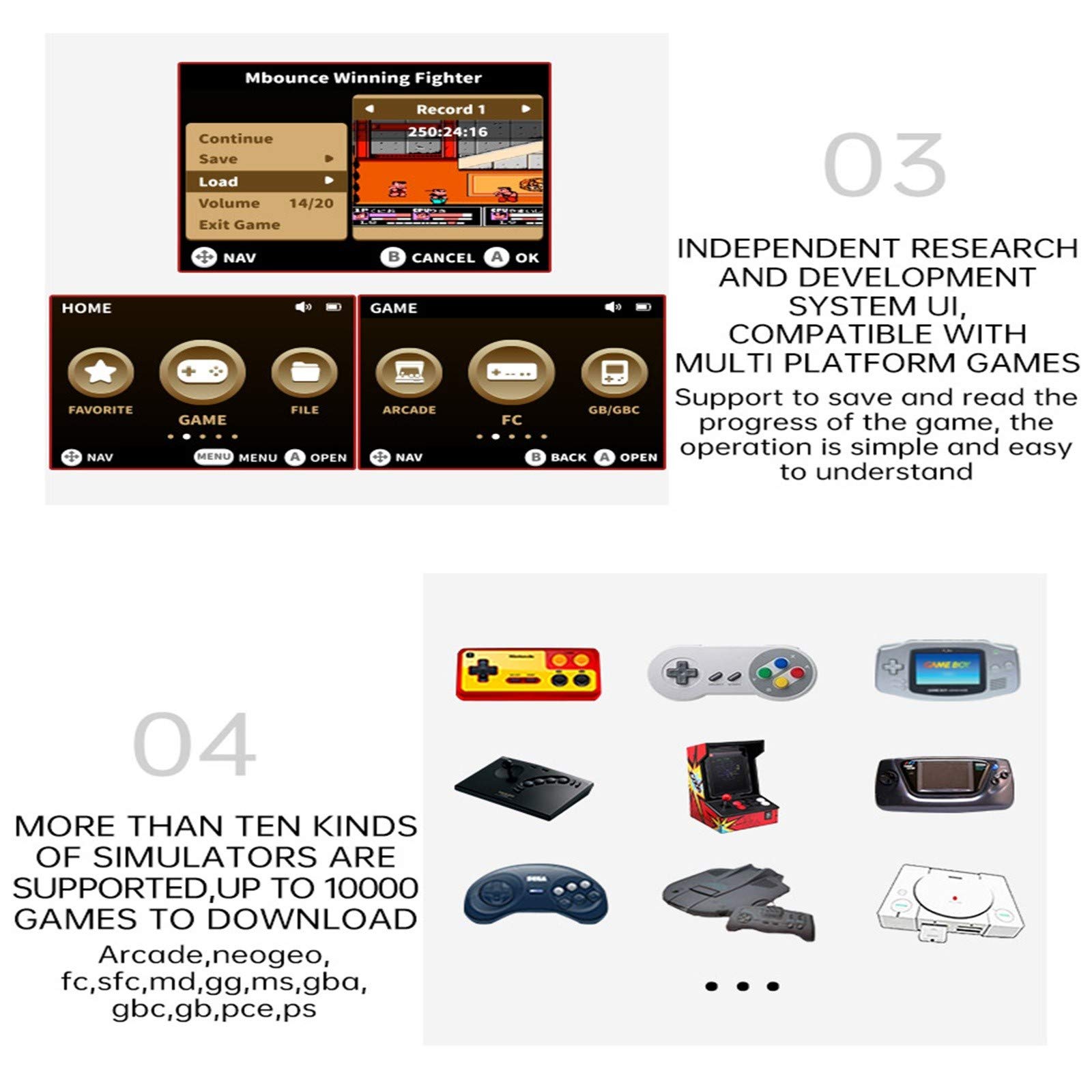 A66 Console di gioco, piattaforma di gioco indipendente Trim-UI, schermo da 2 pollici, risoluzione 320 x 240, 4000 giochi classici integrati, processore: ARM628, supporta più di 10 tipi di simulatori.