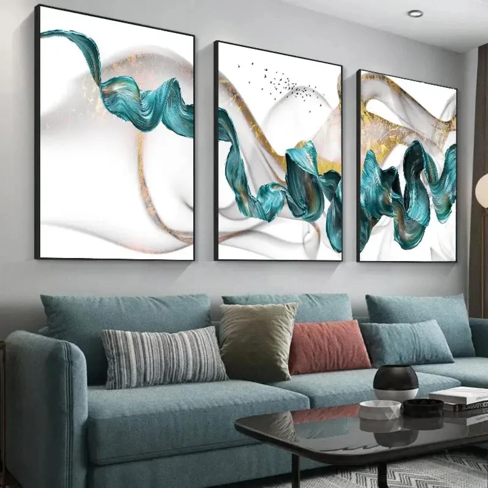 LSYALUCK Leinwandgemälde, abstrakt, blau, grün, Band, Poster, Druck, modisch, luxuriös, Wandkunst, Bild, nordisches Zuhause, Wohnzimmer, Dekoration, 40 x 50 cm (16 x 20 Zoll) x 3 Innenrahmen