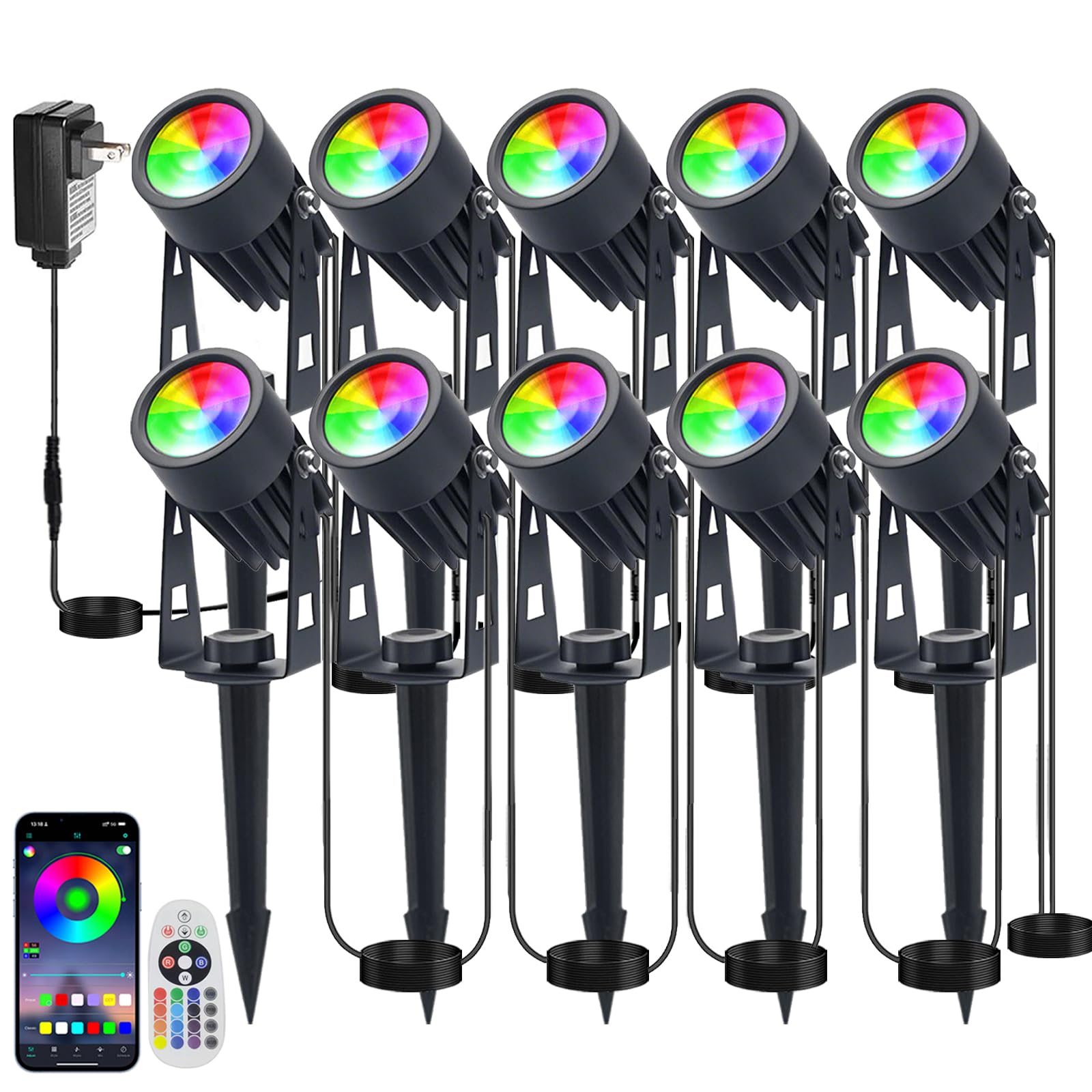 Photo 1 of **** MISSING 6 STEAKS AND REMOTE ***** Sathem Smart RGB Low Voltage LED Spotlights, APP & Remote Control,Synchronous Dimming Lighting System, IP65 Waterproof,16 Million Colors for Outdoor Landscape,Yard,Garden,Holiday Decoration (10 Pack)