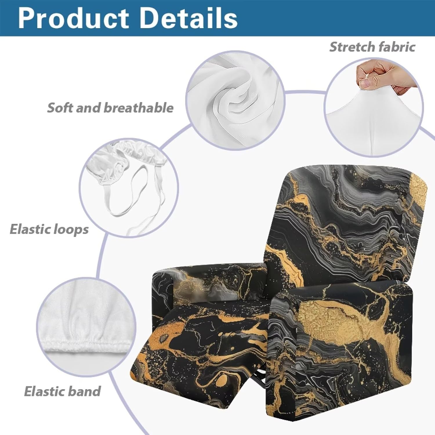 Marble Print Reclining Slipcover for Large Recliner Chair, Anti Slip Single Seat Sofa Protector with Storage Pocket, 4 Piece Set Recliner Chair Covers That Stay in Place