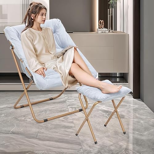 Miniatura 4 de MoNiBloom Silla cuadrada plegable de piel sintética para dormitorio, sala de estar, dormitorio, marco de metal plegable, de gran tamaño, cómoda,