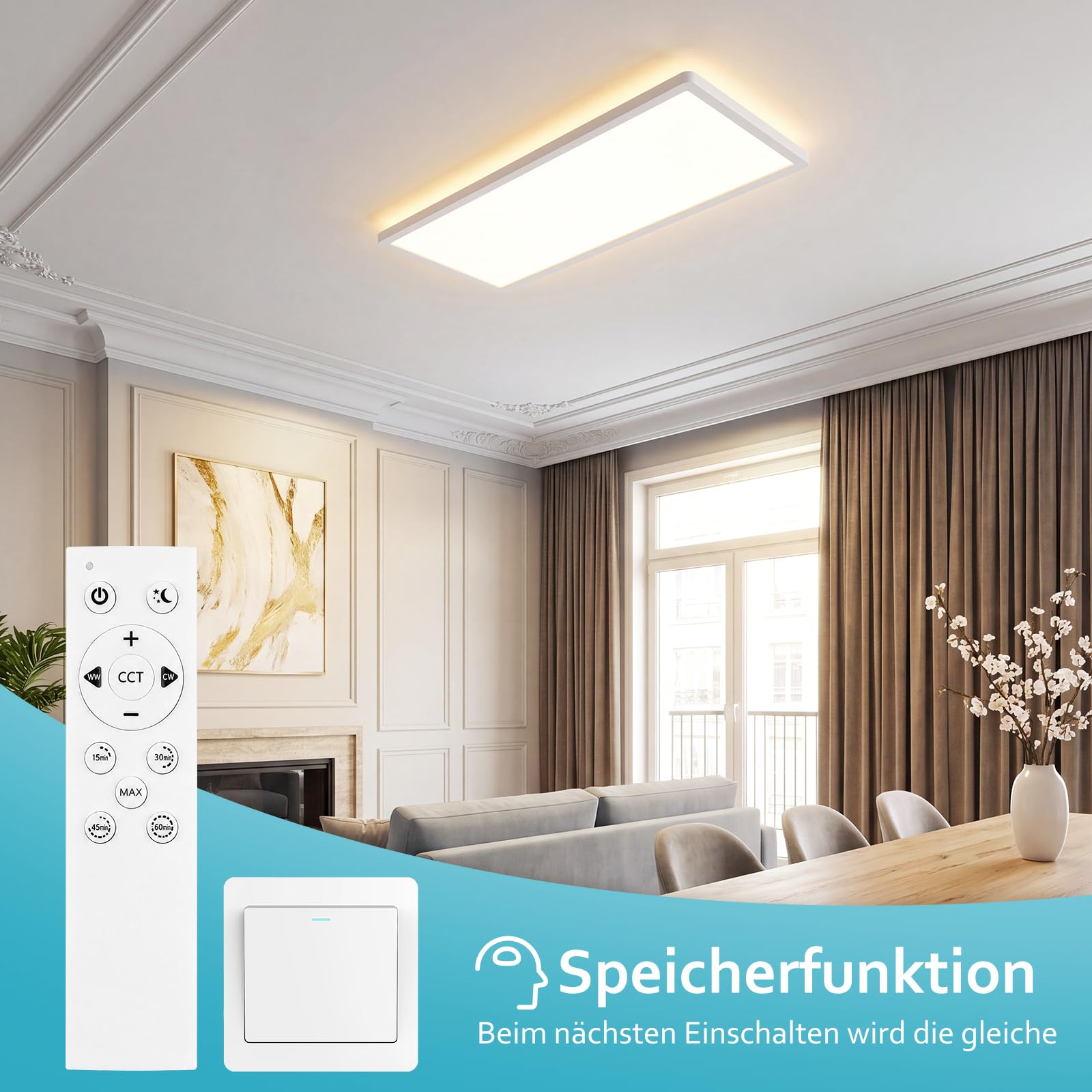 ZMH Pannello LED da soffitto 58x20 cm, dimmerabile con telecomando