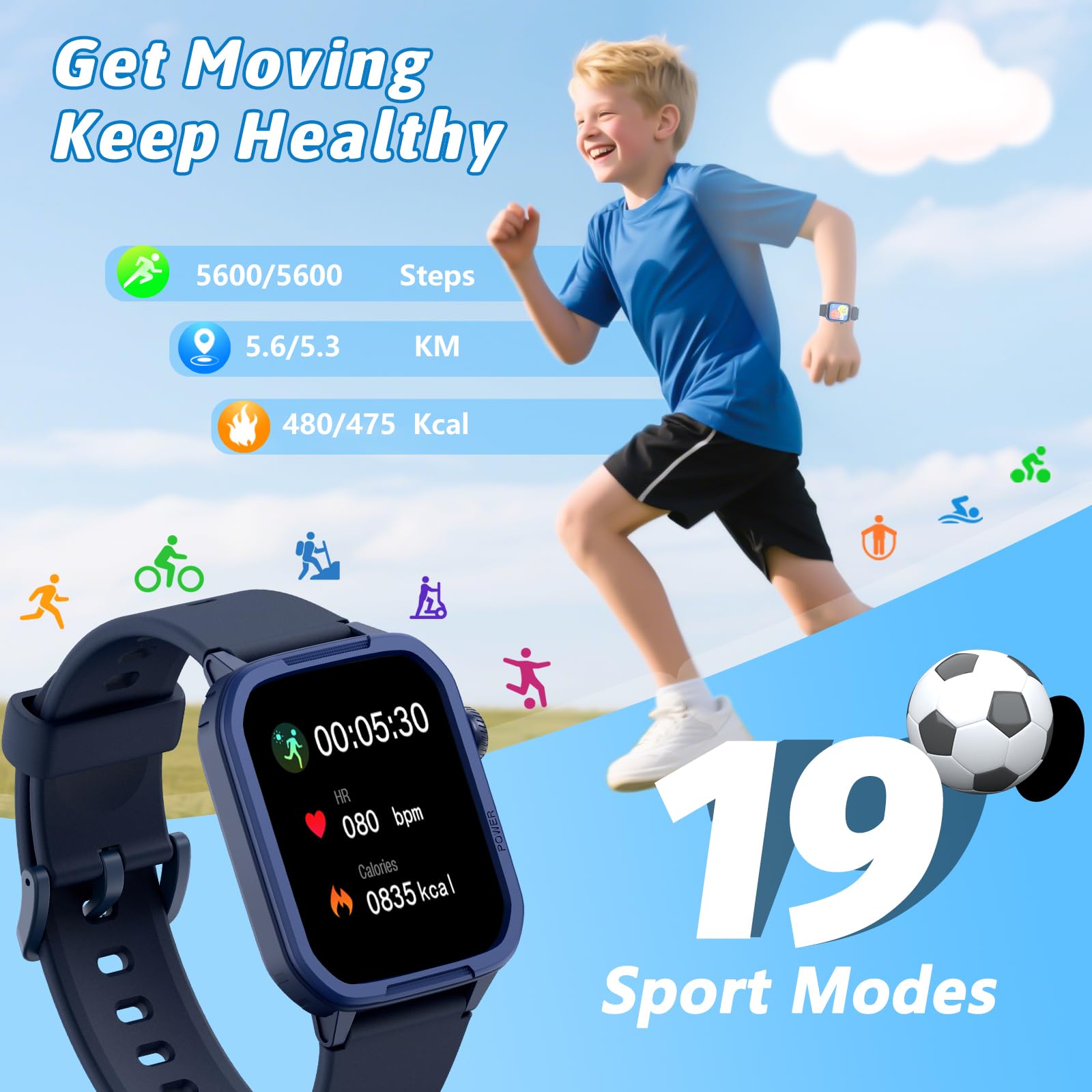Montre connectée pour Enfant, 1.5" Montre Podometre, 19+ Modes d'entrainement, fréquence Cardiaque, Suivi du Sommeil,Longue durée, Étanche, Cadeau pour Les Filles et Les garçons 6-15 (Bleu)
