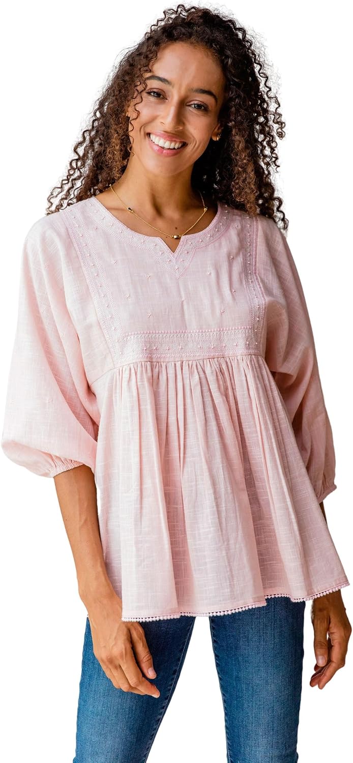 NOVICA Artisan Hand Embroidered Cotton Tunic Pink with Elastic Cuffs India 'Tender Blooms'