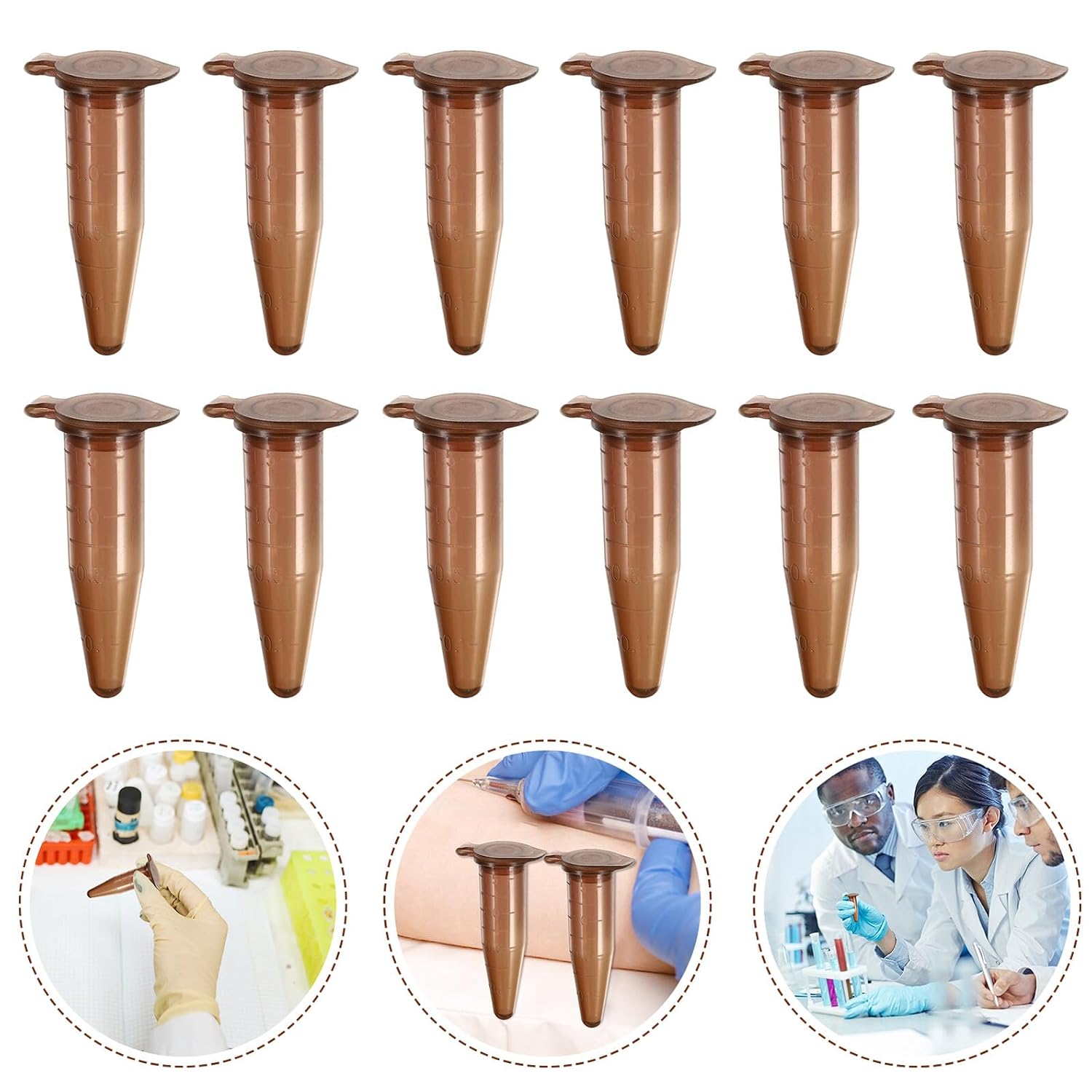 500pcs 1.5ml Brown High-Temperature Resistant Plastic Conical Microcentrifuge Tubes with Graduated Marks for Laboratory and Scientific Sample Storage