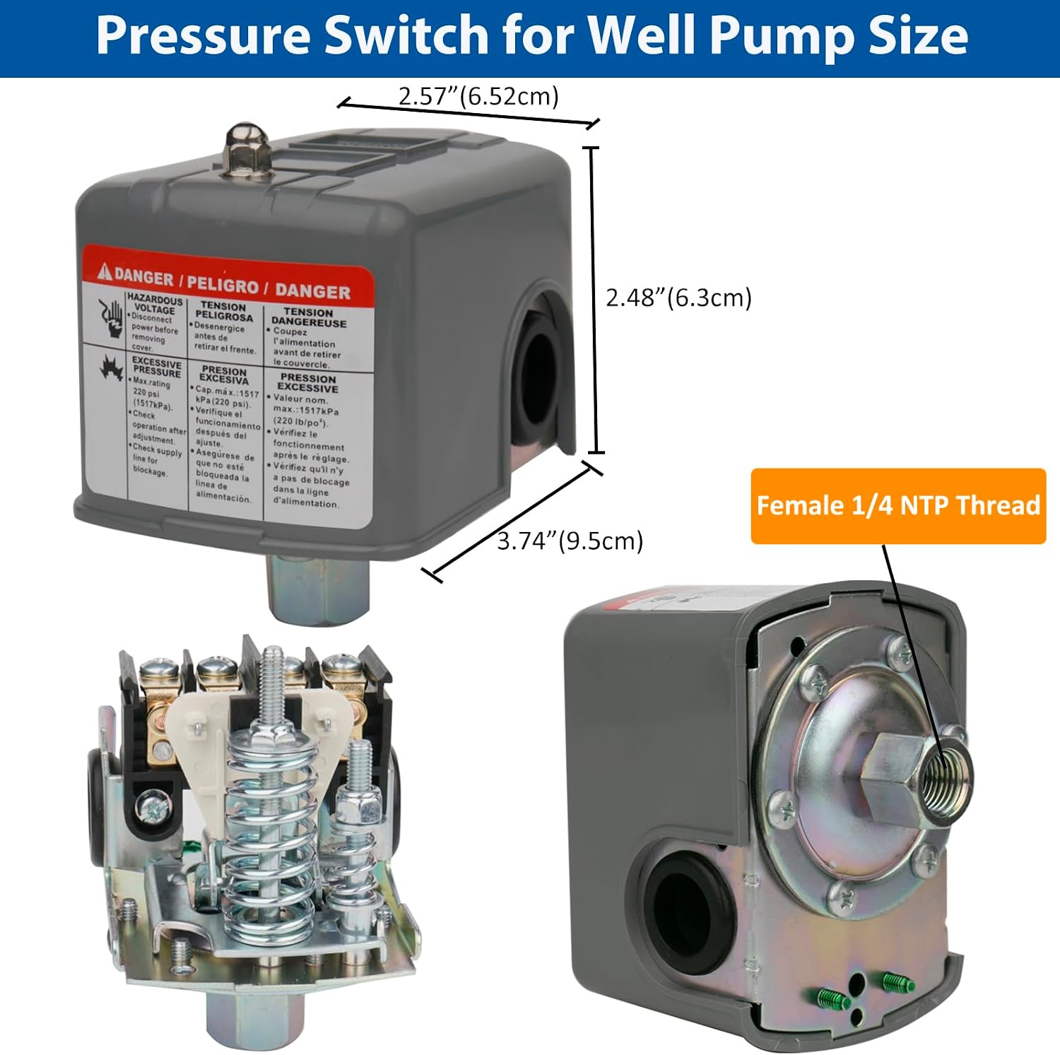 WHK Water Pressure Switch for Well Pump 40-60psi Water Pump Pressure Switch Auto Electrical Control Adjustable Differential(1/4 Female NPT,Certicated UL,1PC-Grey)