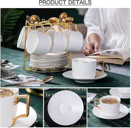 Miniatura 2 de Juego de 6 tazas de capuchino de porcelana de 6 onzas con platillos y soporte de metal, juego de tazas de té apilables para café, café con leche,