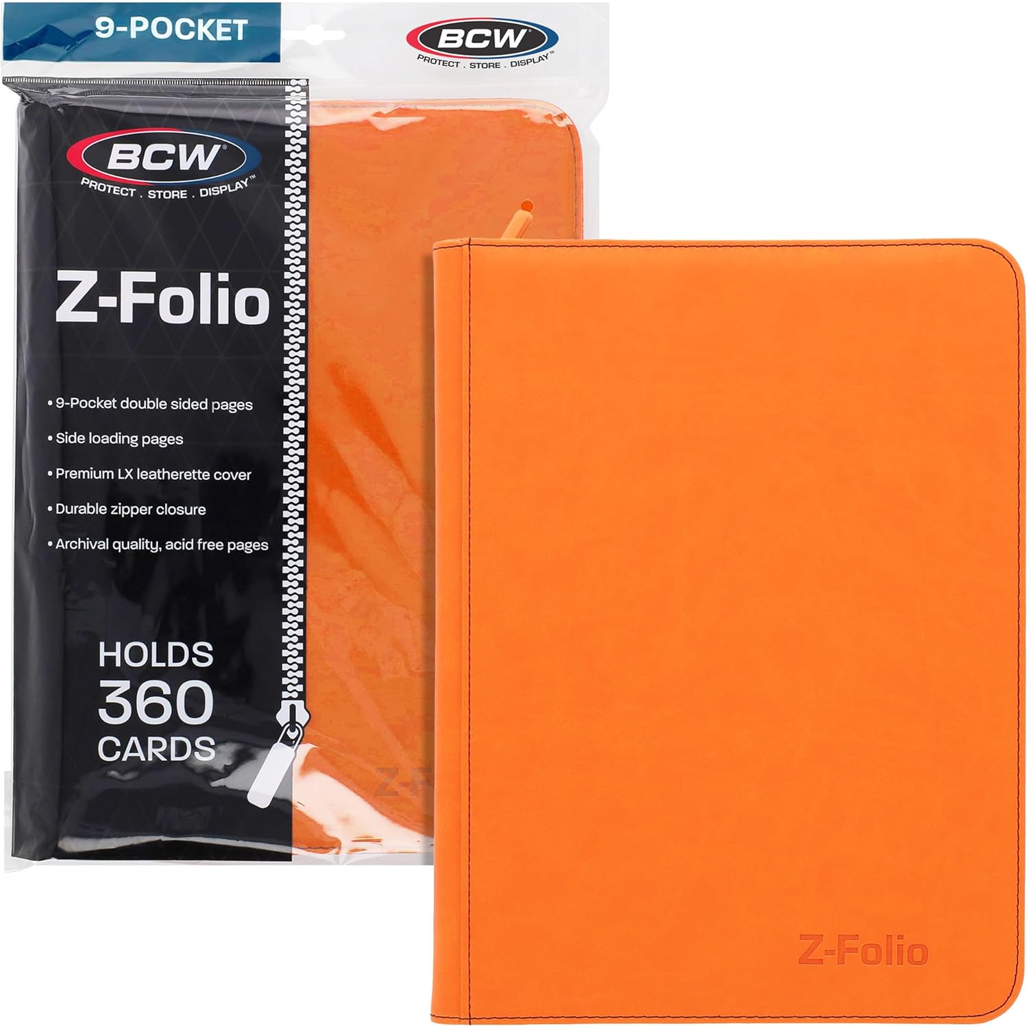 BCW Z-Folio 9-Pocket LX Album - Orange | Secure Zipper Card Organizer | Premium Leatherette Card Collection Binder | Trading Card Binder for Pokemon, MTG, Sport Cards and More