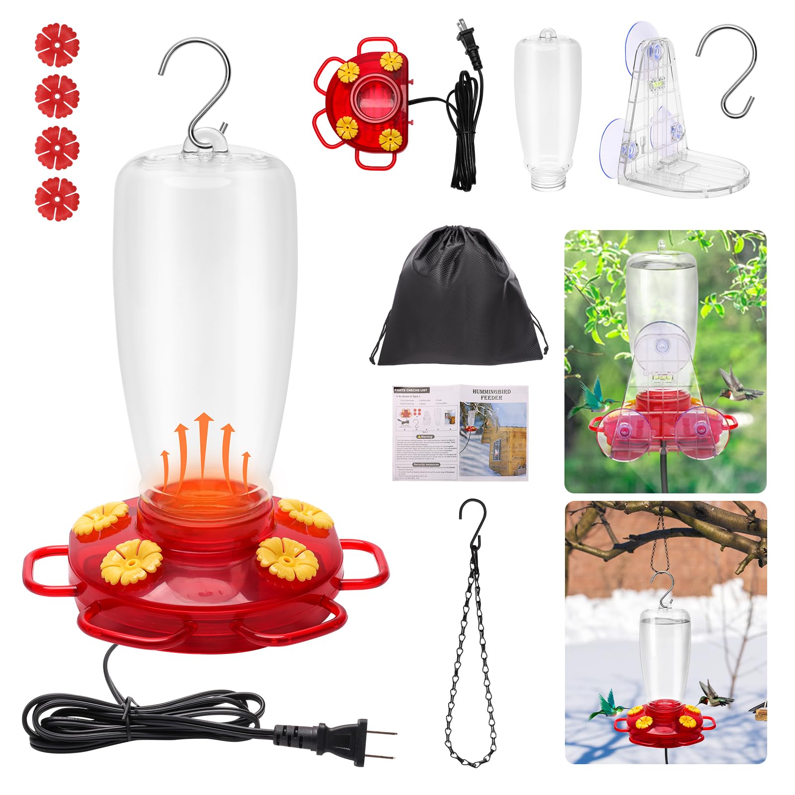Luxiv - Comederos de colibríes 2 en 1 con calefacción para exteriores con cadena colgante de 20 pulgadas y ventosa, comederos de pájaros con calefacción de invierno para exteriores, anticongelación,