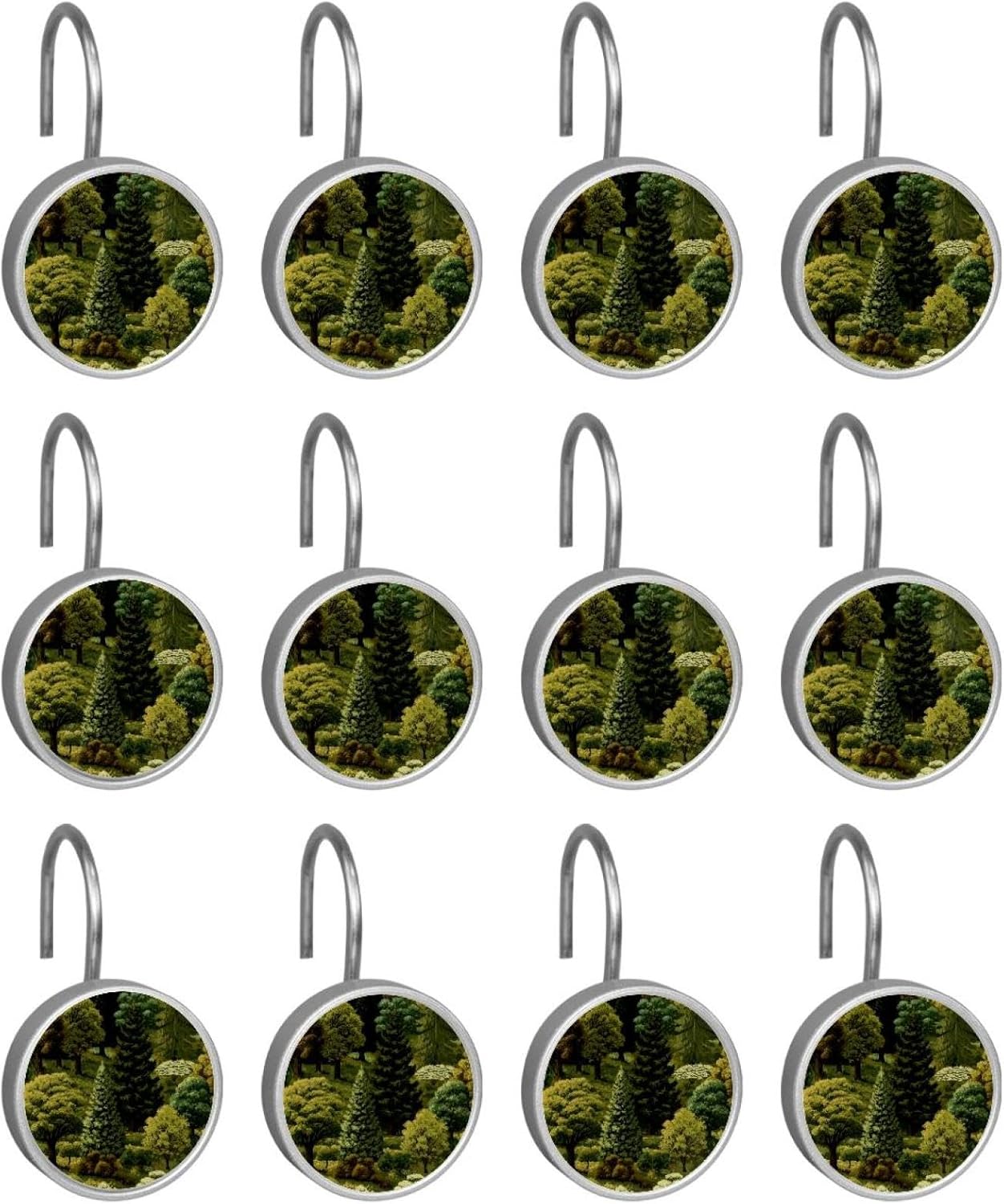 12PCS Green Woodland Forest Earth Tones Retro (2) Shower Curtain Hooks Rings for Bathroom, Decorative Shower Curtain Hooks Rods Curtains and Liner