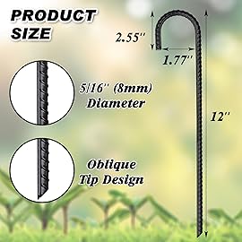 FEED GARDEN 12 Inch 16 Pack Rebar Stakes Heavy Duty J Hook, Galvanized Ground Stakes Tent Stakes Steel Ground Anchors, Chain Link Fence Stakes, Trampoline Stakes, Black