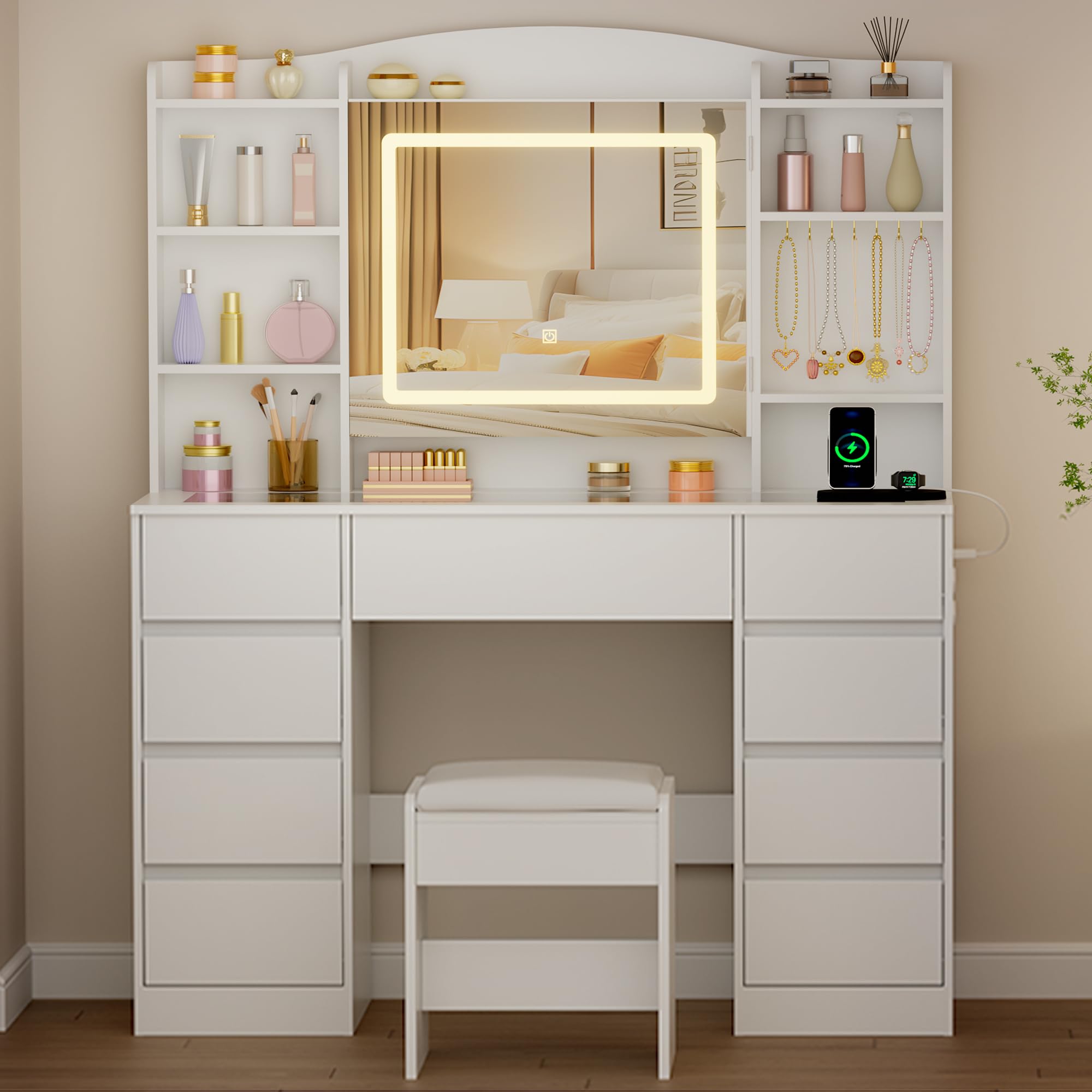 ANWBROAD Tocador Grande con Luz LED Regulables y Enchufes, Tapa de Vidrio | Tocador de Maquillaje con Almacenamiento para Joyas, Mesa de Maquillaje con 9 Cajones 7 Estantes Abiertos Blanco BDT21W
