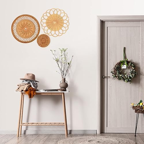 Miniatura 6 de Tatuo 8 juegos de cestas de pared bohemias tejidas de ratán planas, redondas hechas a mano de mimbre de bambú para colgar rústicas elegantes borlas