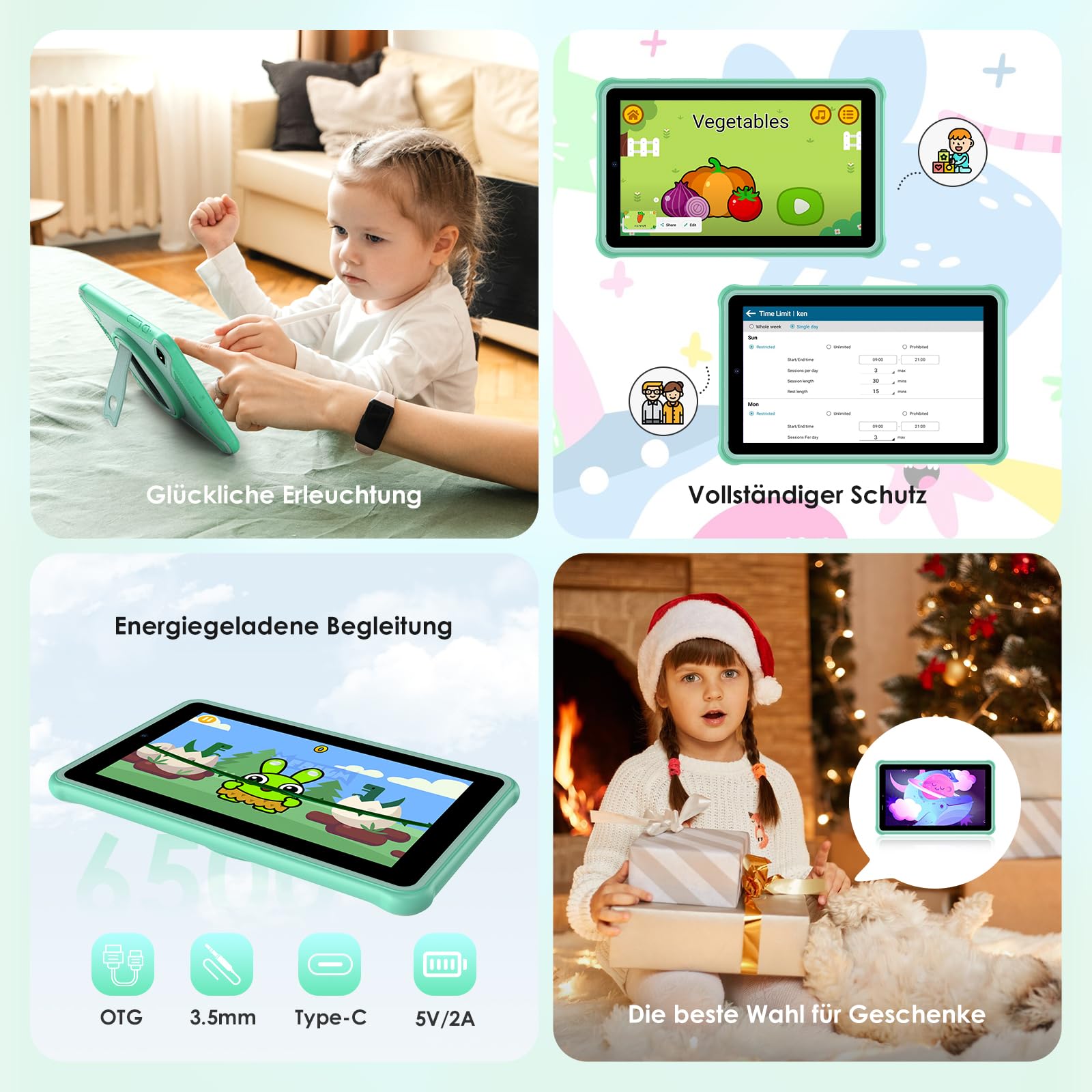 Generico Tablet 7 Pouces Android 15 Tablette avec 5G WLAN,36GB+128GB/TF 1TB/8MP+5MP/6500mAh,Tablette avec Clavier,Vert