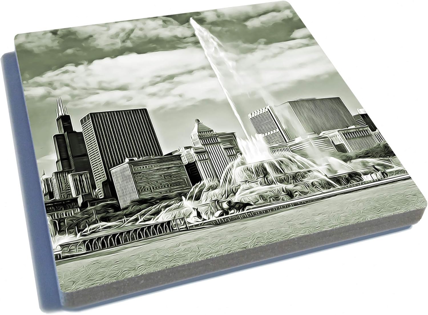 EXIT82ART - Stone Drink Coasters (Set of 4). Iconic Chicago. Sepia Toned, Tumbled Stone, Cork-Backed.