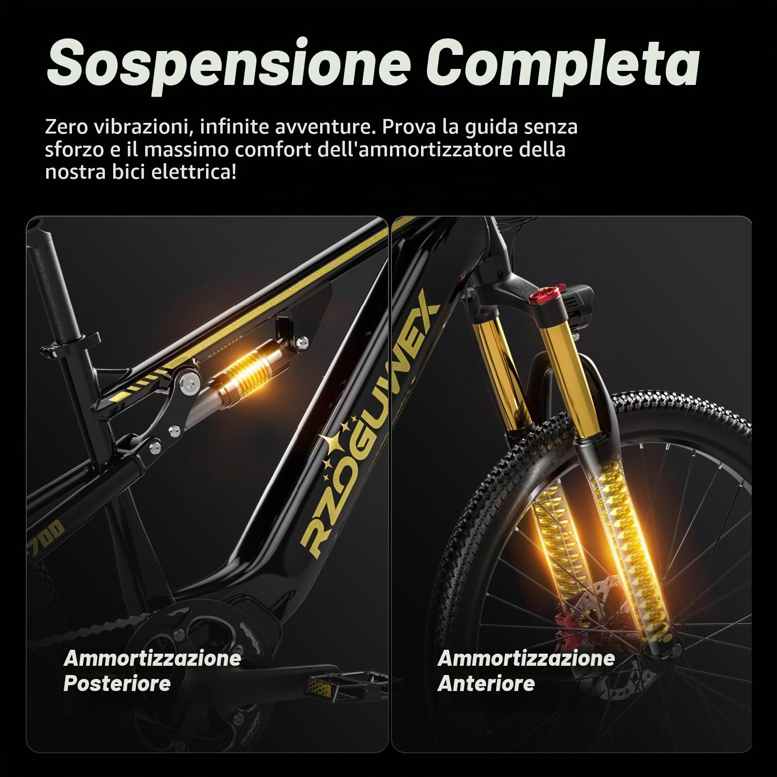 RZOGUWEX Bicicletta elettrica, 26 pollici, 70 NM, fuoristrada, per adulti, con batteria agli ioni di litio rimovibile da 48 V 17,5 Ah, 7 velocità, con doppio ammortizzatore e freno a disco idraulico