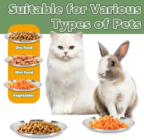 4-Pack Stainless Steel Cat Food Bowls, Shallow Whisker-Friendly Non-Slip Silicone Base Metal Dishes, Easy to Clean Indoor Feeding Flat Plates for Cat, Kitten, Small Dog (6.7)