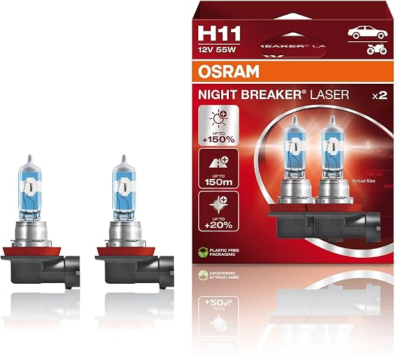 OSRAM NIGHT BREAKER LASER H11, next generation, 150% more brightness, halogen headlamp, 64211NL-HCB, 12V, passenger car, duo box (2 lamps)