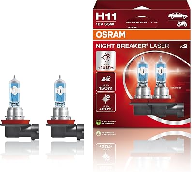 OSRAM NIGHT BREAKER LASER H11, next generation, 150% more brightness, halogen headlamp, 64211NL-HCB, 12V, passenger car, duo box (2 lamps)