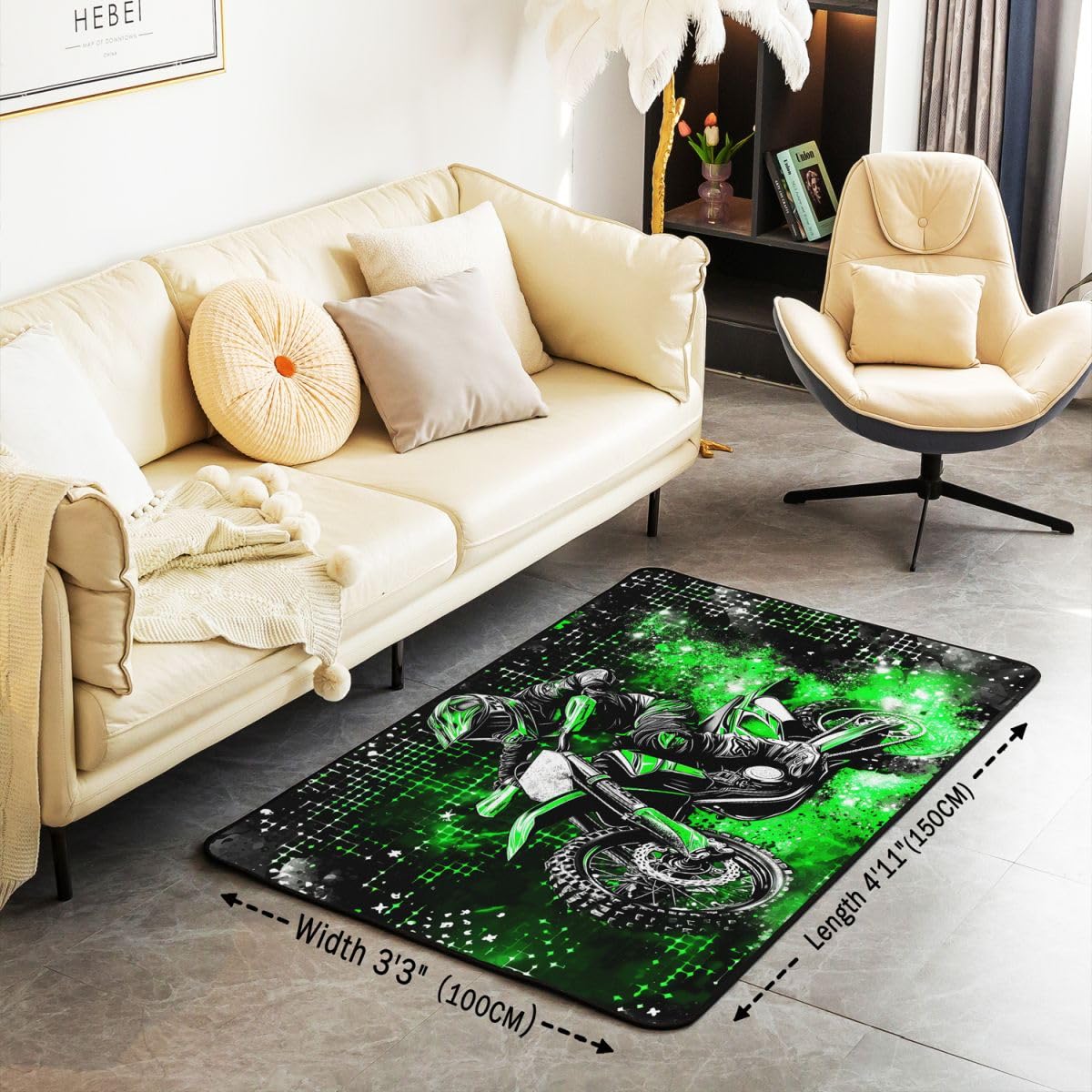 Coole Motorrad Wohnzimmer Teppich 100x150cm Extreme Sportthemen Schlafzimmerbereich Teppich für Kinder Teens Moderner schwarzer Motocross-Druck Indoor Matte Heimdekor