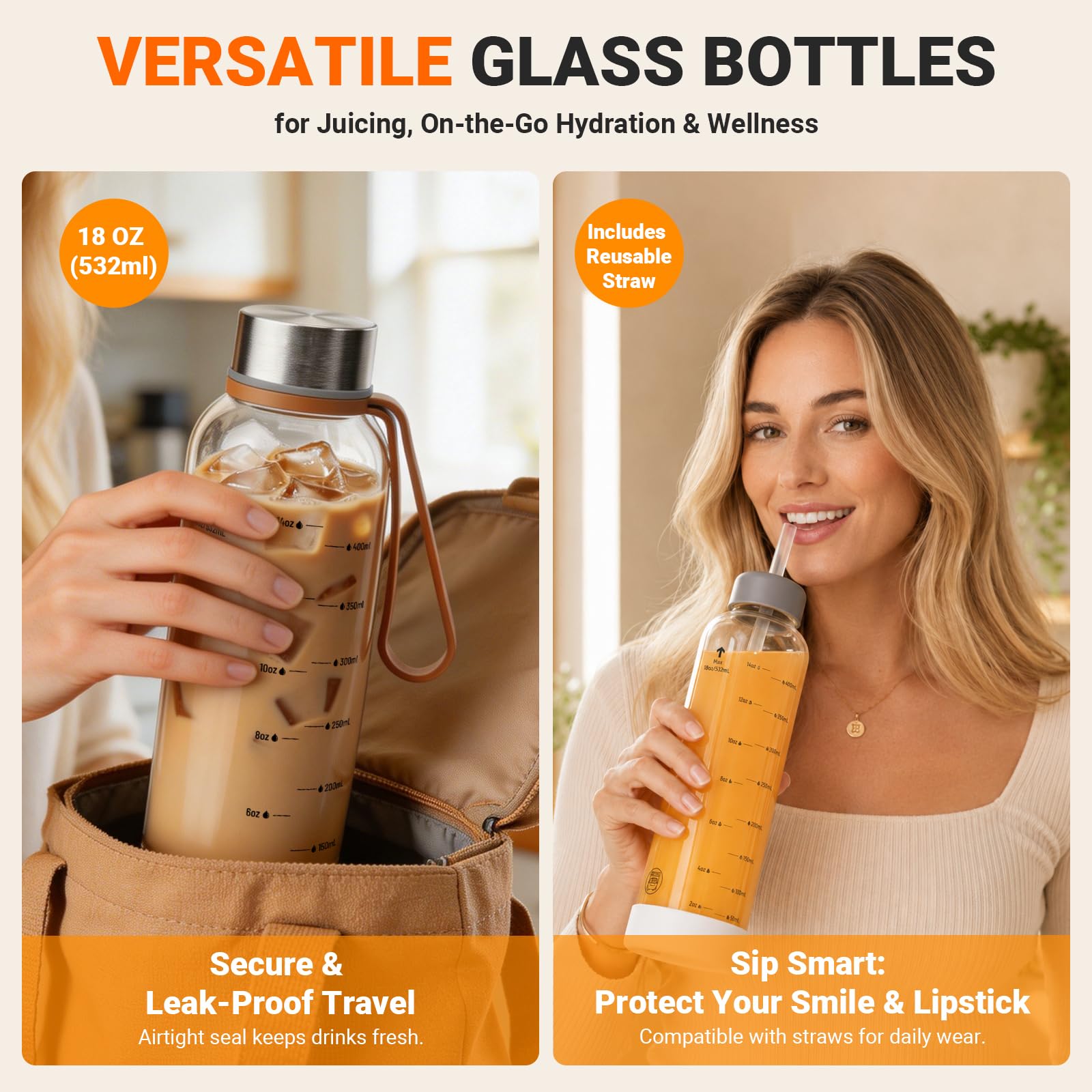 Sursip 18 oz Glass Water Bottles, 6 Pack
