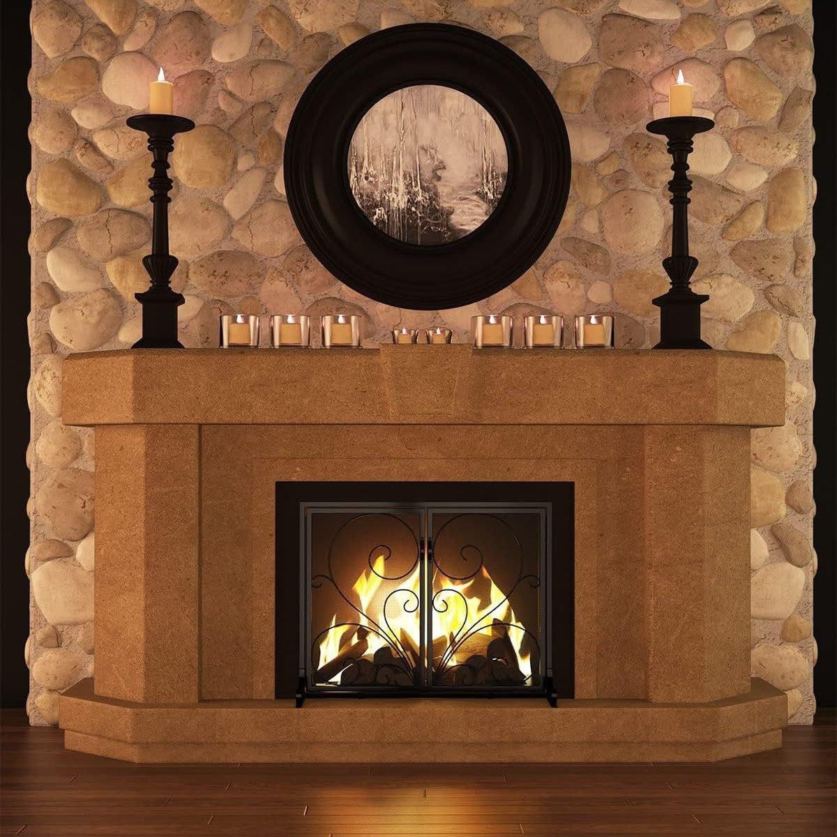 Protector Chimenea Plano con Puertas De Hierro Forjado, Malla Metálica Salvachispas Chimenea, Pantalla Decorativa con Diseño De Rollos para Chimeneas De Hogar