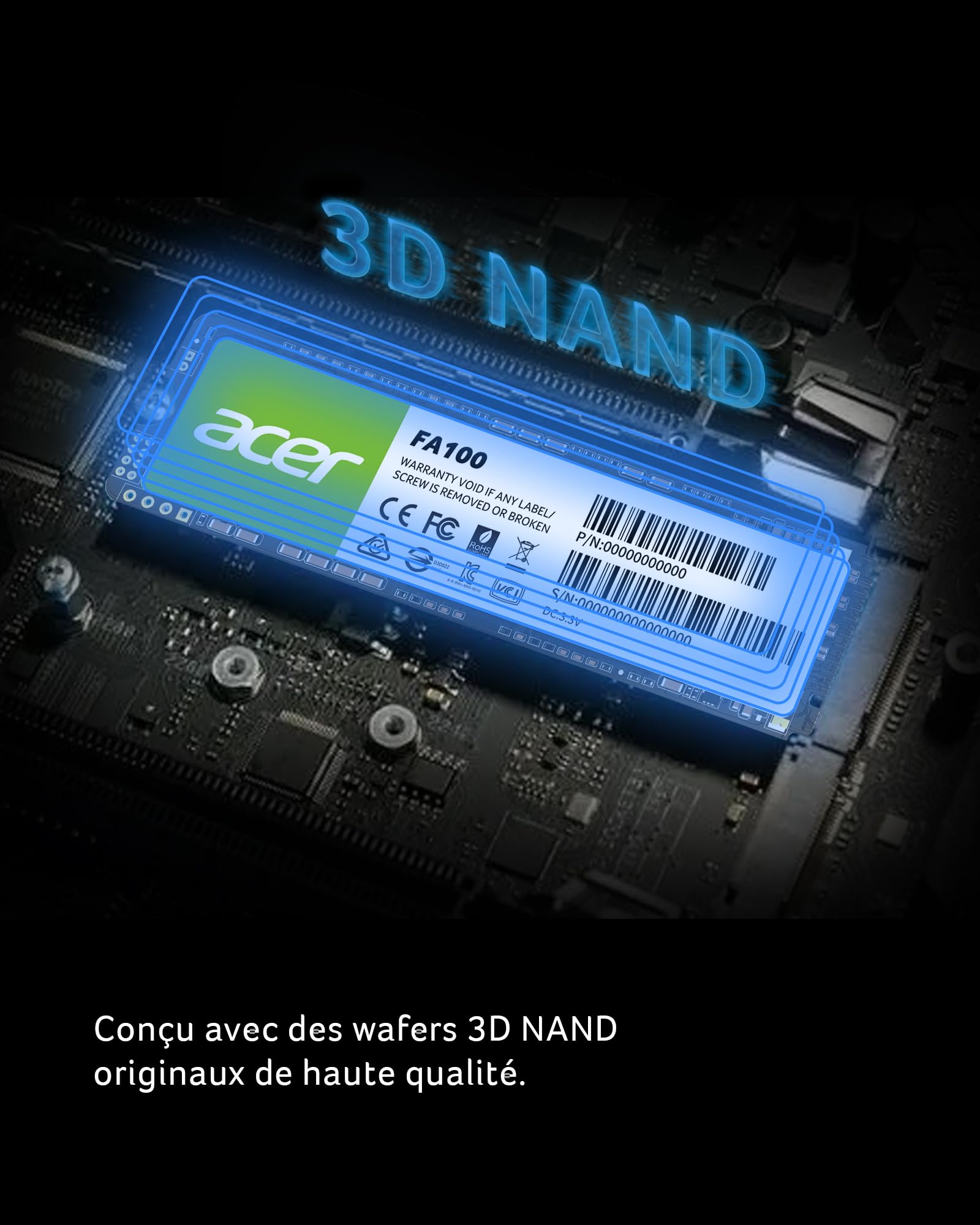 Acer FA100 PCIe 3.0 NVMe SSD 1 to : Vitesse de Lecture Jusqu’à 3300 Mo/s, Disque Dur Interne Gen3x4 M.2 2280 avec HMB et SLC – Disque SSD de Jeu pour Ordinateur Portable/de Bureau