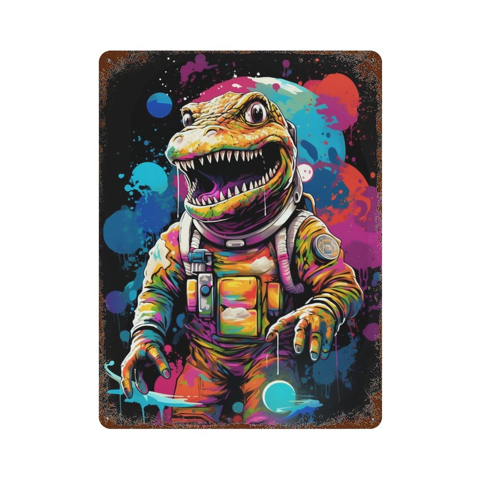 Garage Style Colorful Dinosaur Astronaut Art Print-6 Rusty Metal Tin Sign 15.7"x11.8", Decorative Metal Wall Art for Bar And Workshop