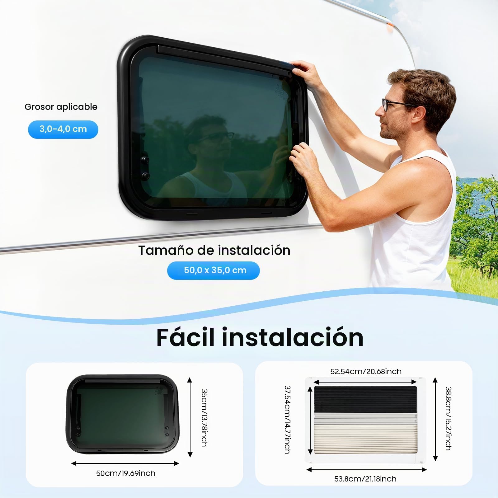 Ventana para autocaravana 500x350 mm, ventana abatible con bloqueos de interruptor, ventana abatible para autocaravanas y remolques, Ángulo máximo de apertura: 85°