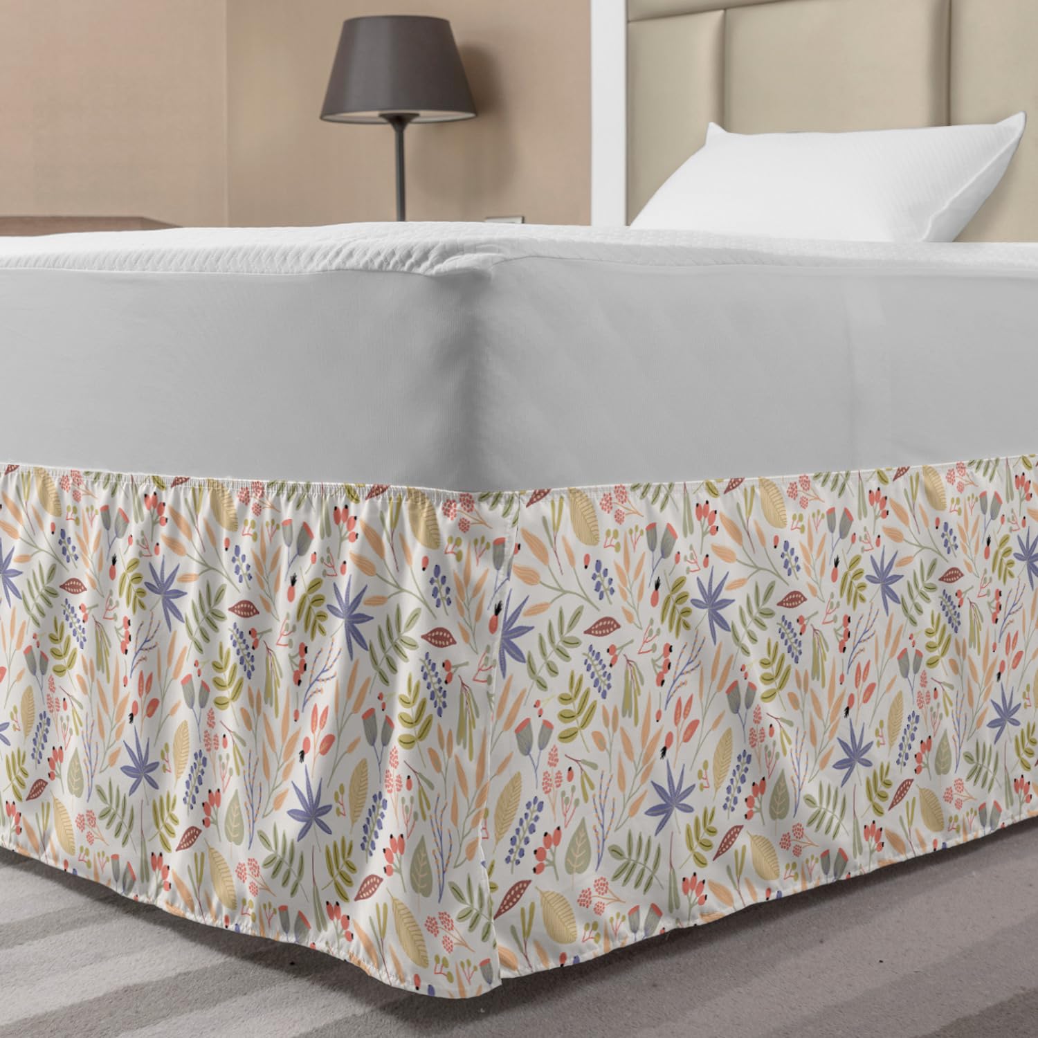 Ambesonne Botanical Elastic Bed Skirt Berry Pastel Spring Growth Herbs Leaves Botanical Floral Foliage Wrap Around Fabric Bedskirt