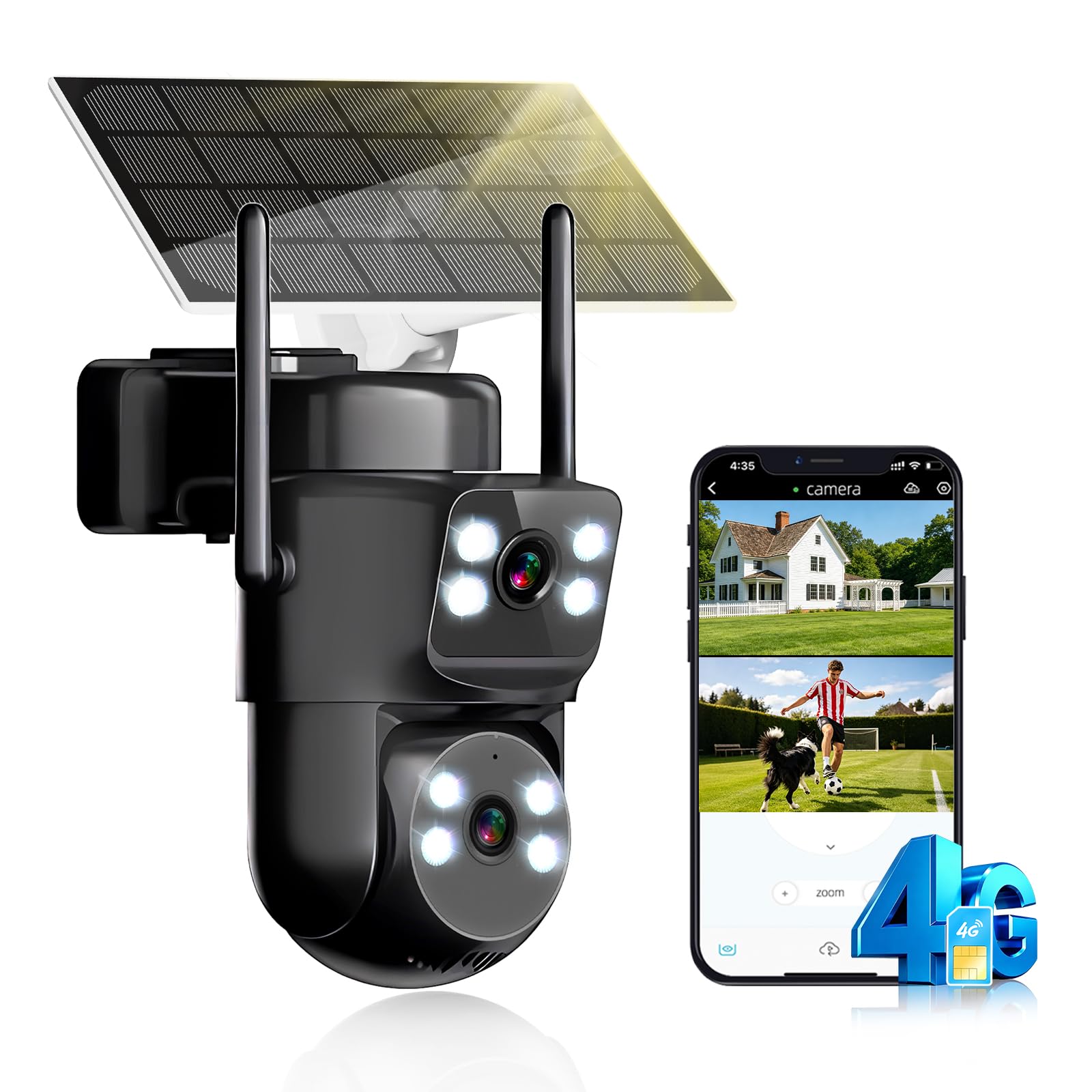 4G LTE Cámara de vigilancia con doble lente con tarjeta SIM, AOV 24/7, seguimiento automático, cámara solar exterior+batería, detección de movimiento, visión nocturna color, audio bidireccional, 4K HD