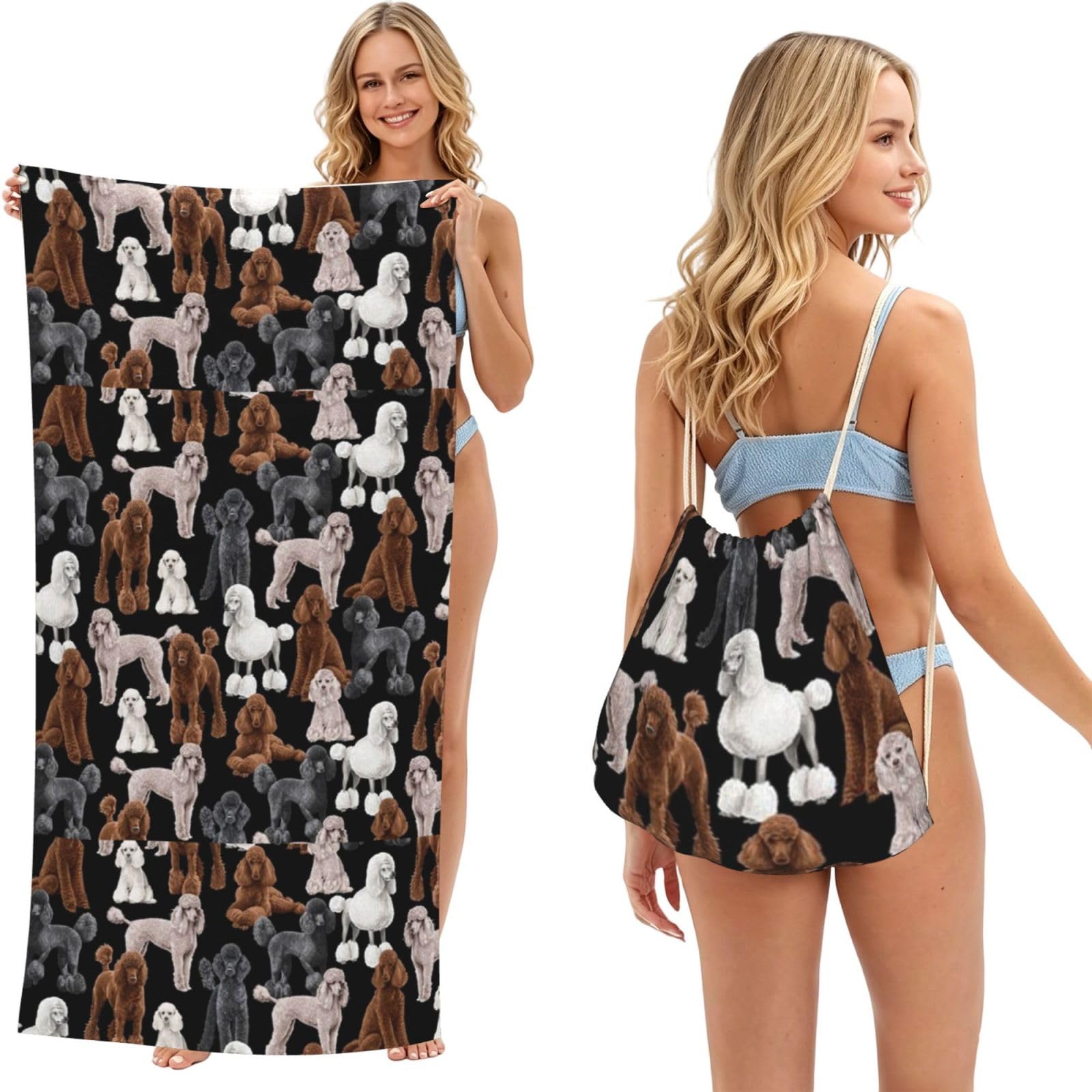 Poadnly As Picture Black Dog With Poodles, 2 In 1 Packable Towel Bag, Beach Towels With Drawstring Backpack For Travel Holiday Camping