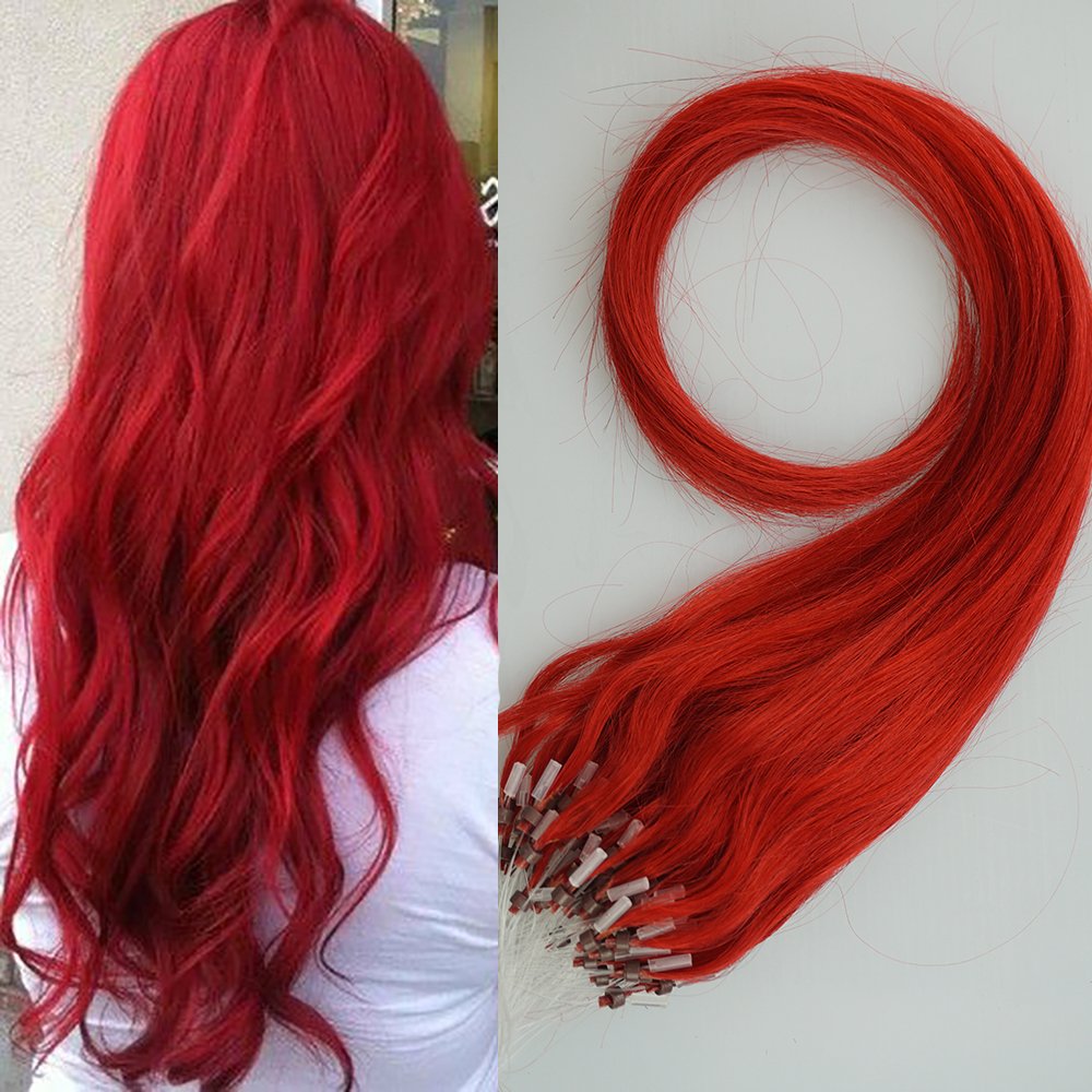 16" 40g 100s Micro Ring Loop 100% Human Hair Extensions Natural Soft Real Beauty Straight Hair Gift 100strands in one pack, (color #RED)