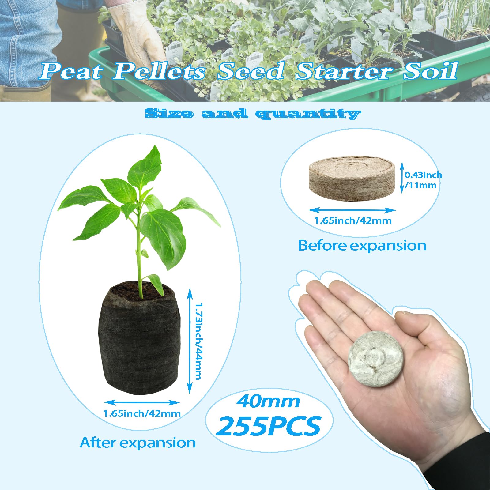 255 piezas de fibra de pellets de turba de 40 mm, iniciadores de semillas de plantas, pellets de turba, tapones de cápsulas de tierra, tierra comprimida de turba, fertilizante de semillas