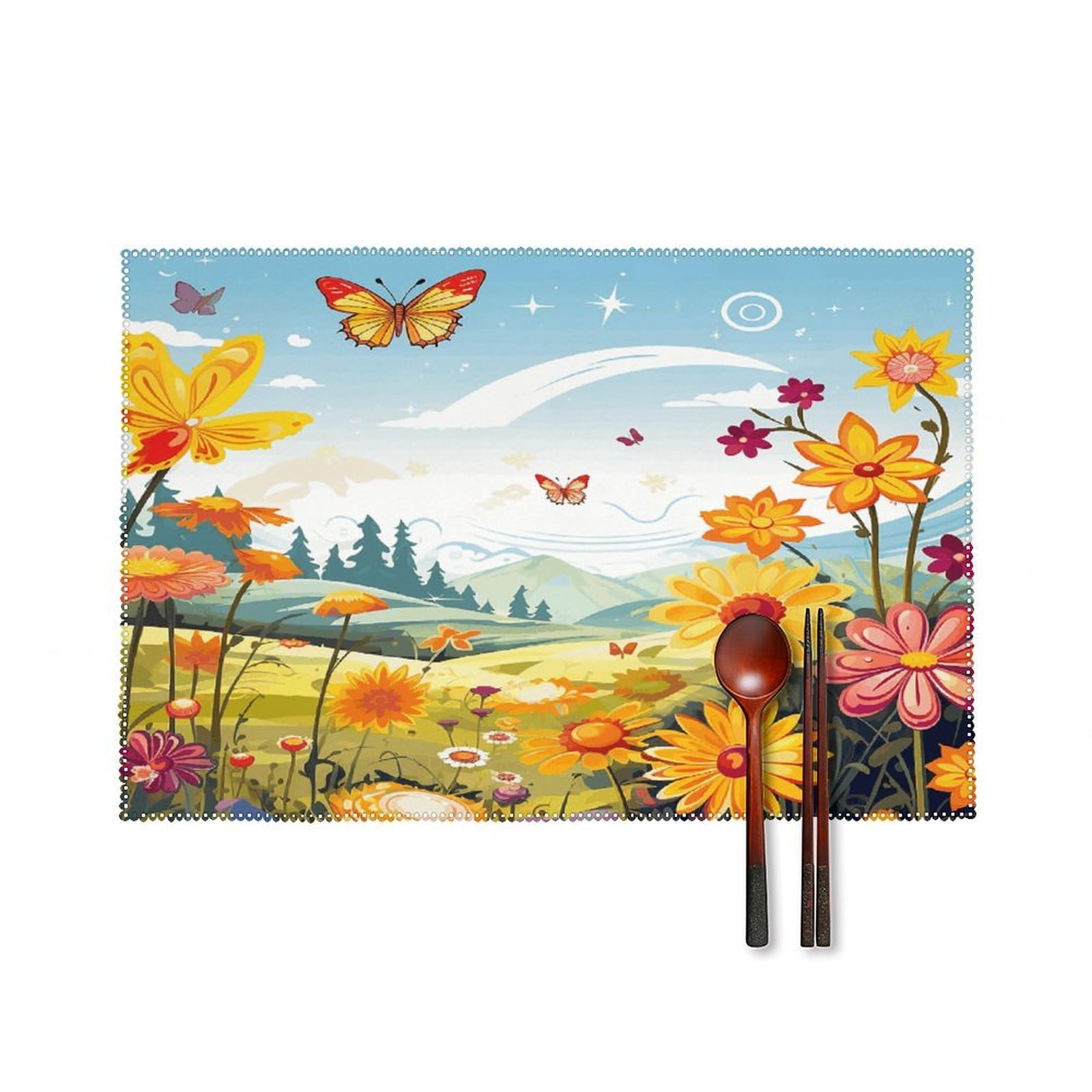 Sun Butterflies Dragonfly Flowers Nursery Placemats Set of 4 Heat Resistant Non-Slip Place Mats for Dining Table Washable Placemat Wipeable Dining Table Mat Canvas Place Mats Dining Table Decor