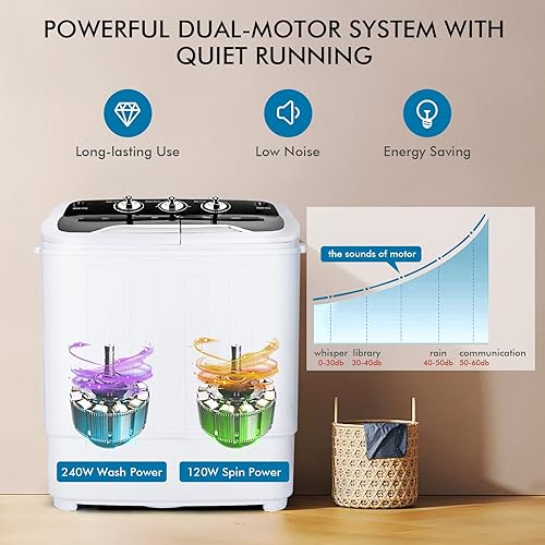 Miniatura 6 de COSTWAY Lavadora portátil, doble tina de 13 libras de capacidad, lavadora de 8 libras y giratorio de 5 libras con perillas de control, función de