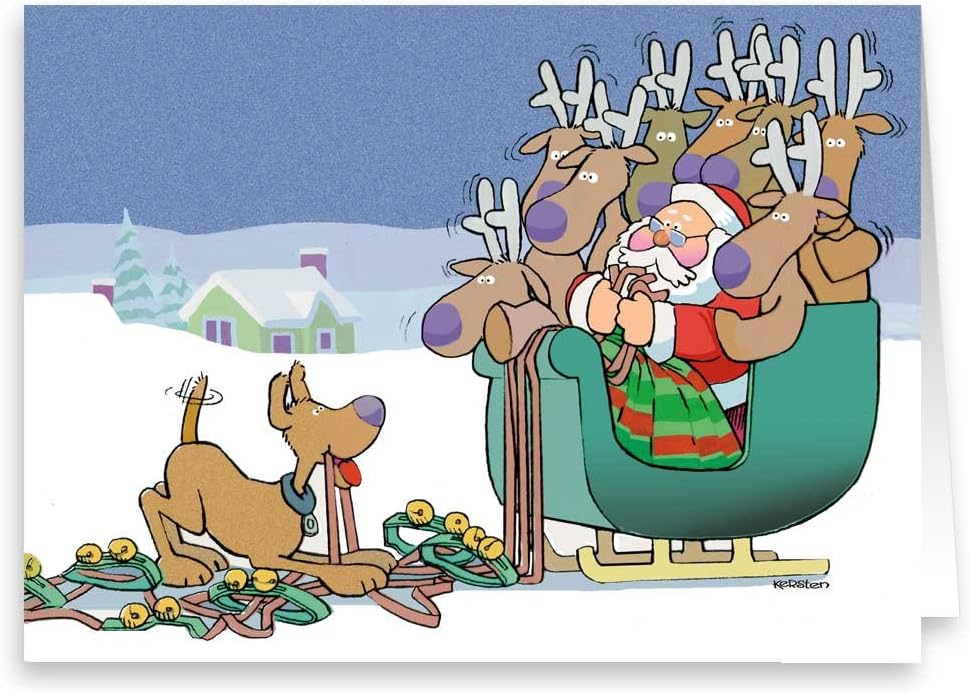 Cute Dog Scares Reindeer Funny Christmas Card - 18 Boxed Cards and Envelopes (Standard)
