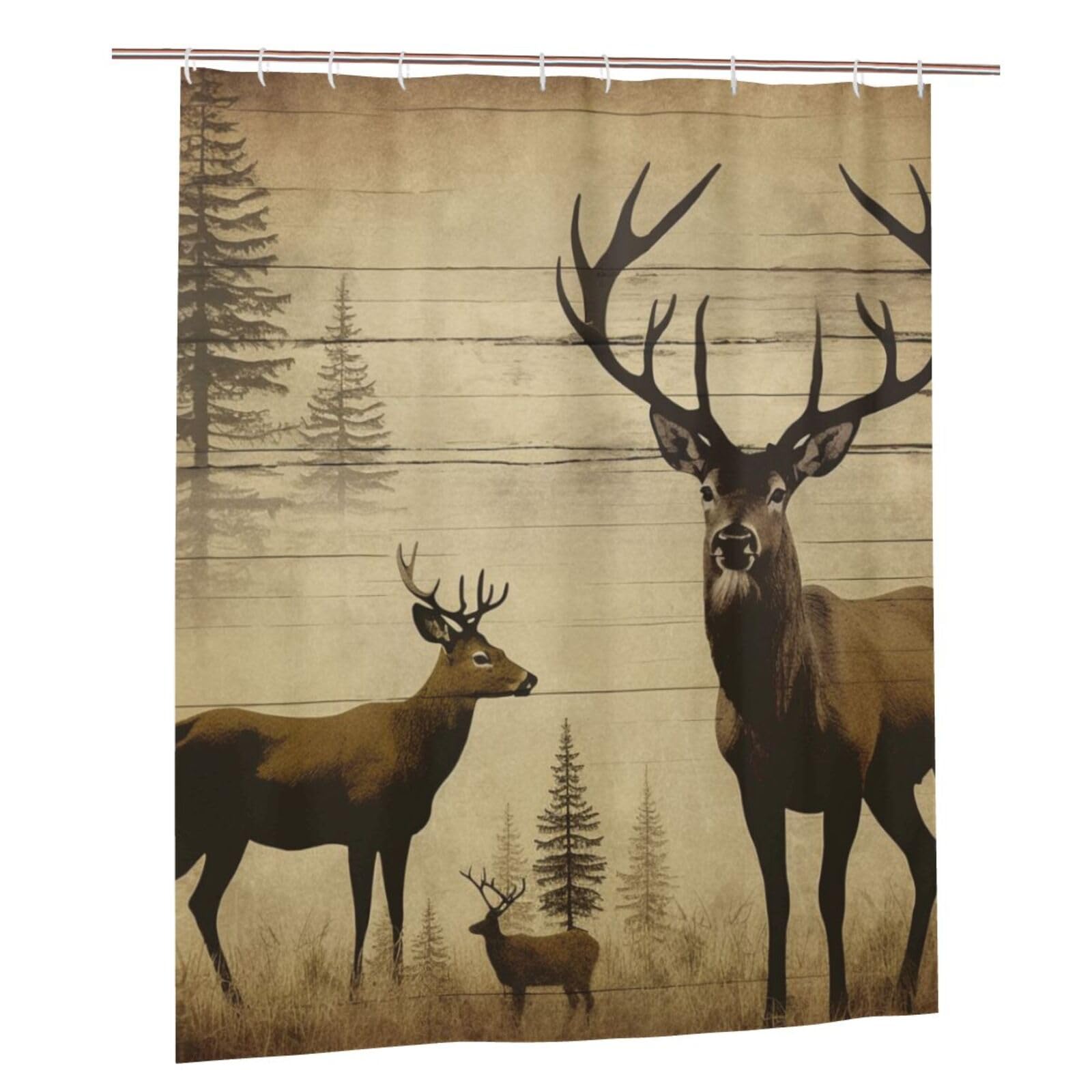 BWWHCCTI Rustic Deer Printed Shower Curtain With 12 Plastic Hooks Opaque Quick Drying Waterproof Shower Curtains Sets For Bathroom 152x183 Cm