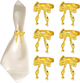 Shiny Gold Bow Napkin Rings Set of 6, Metal Bownot Napkin Holders, Romantic Butterfly Napkin Rings for Wedding Banquet Bridal Shower Birthday Party Thanksgiving Christmas Dinner Table Decoration