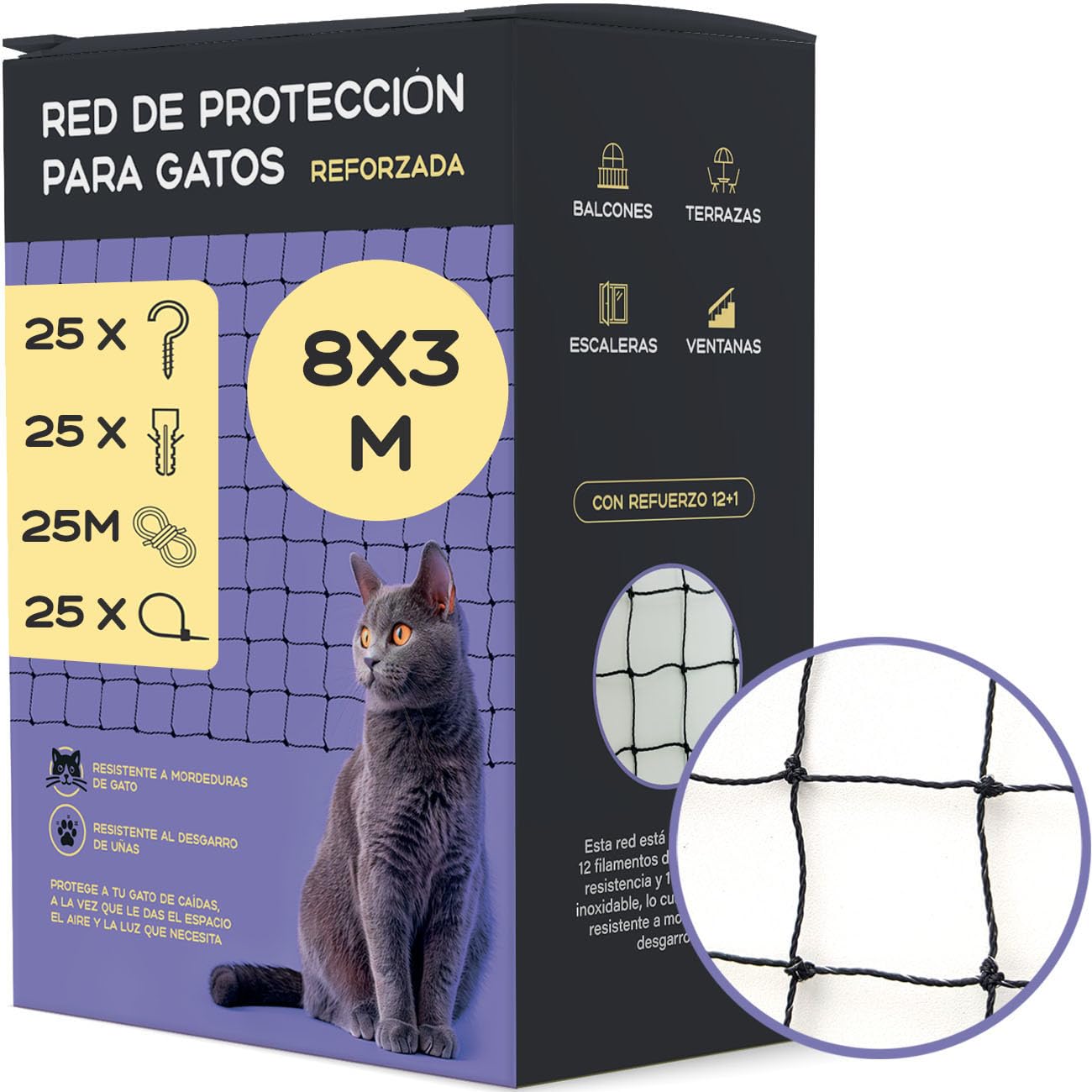 Mablik® Red para Gatos Terraza 8x3m Reforzada + Kit Instalación + Instrucciones. Red Gatos Ventanas y Terraza, de Color Negro, Reforzada con Acero Inoxidable 12+1 (Reforzada 8x3m)