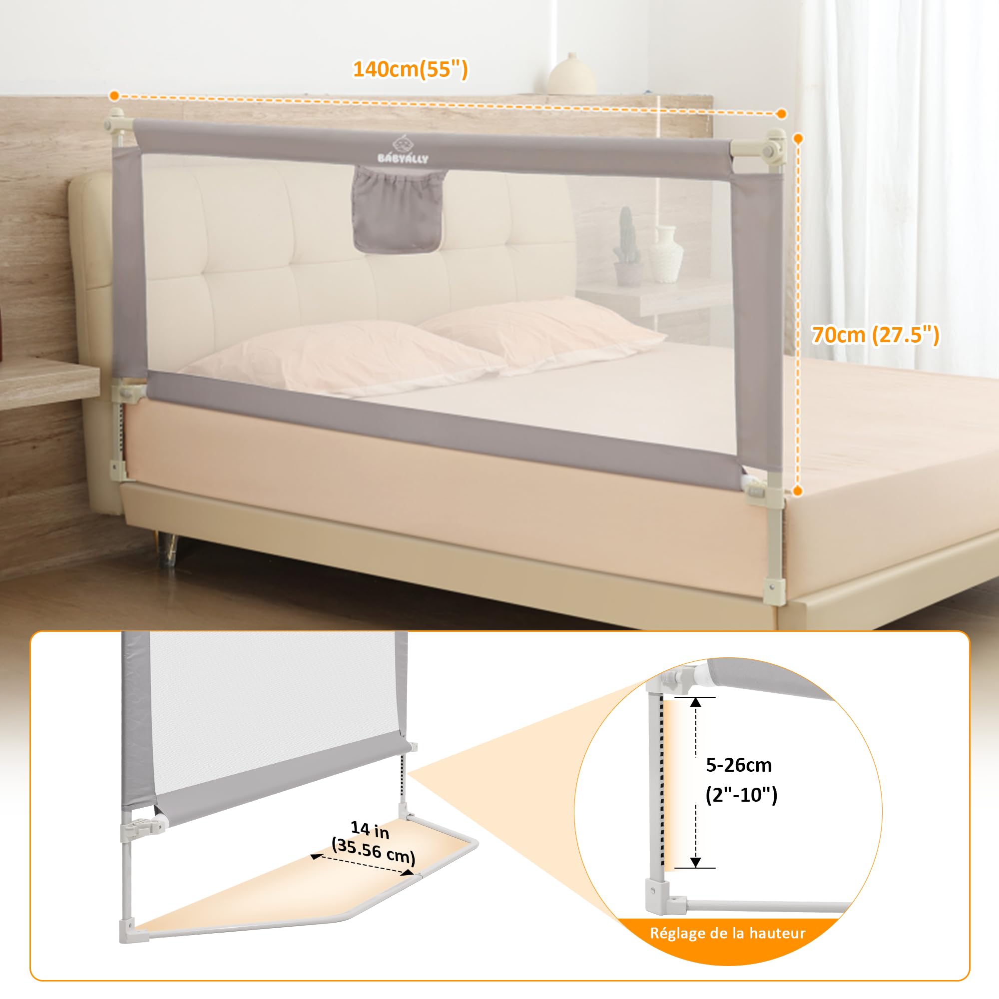 Barrière de lit enfant pliable 140cm sécurité avec élévation verticale double verrouillage
