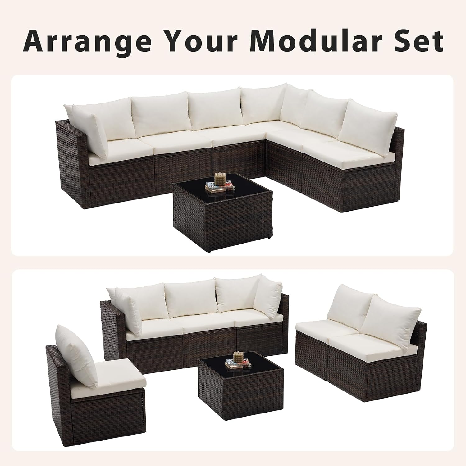 Sweetcrispy 7-Piece Outdoor Patio Sectional Sofa, Modular PE Wicker Outdoor Sectional with Thick Cushions, Rattan Patio Sofa Set with Coffee Table for Backyard, Poolside, Garden, Deck, Brown