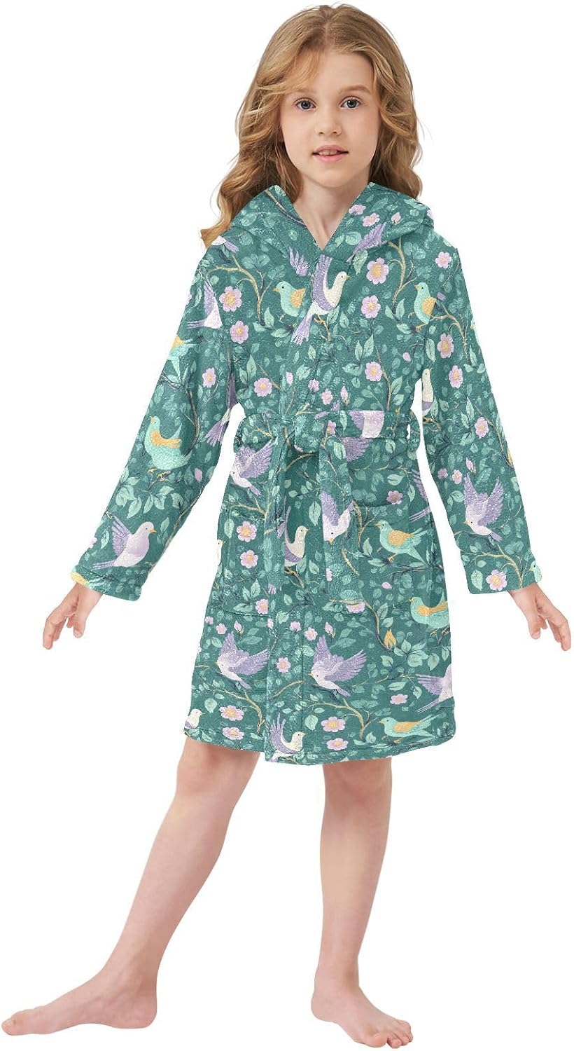 senya Birds on Purple Florals Toddler Hooded Bathrobe Kids Soft Plush Bath Towel Robes for Boys Girls 2-12 Years
